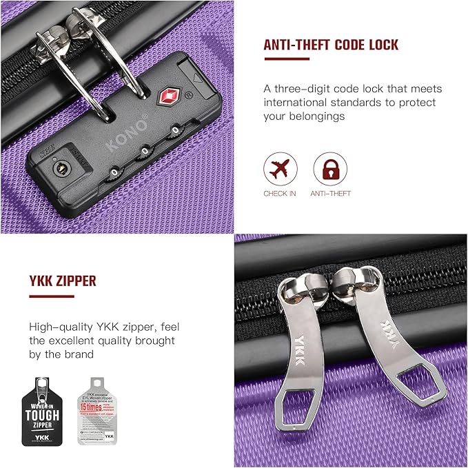 Kono 20'' Carry on Luggage Lightweight with Spinner Wheel TSA Lock Hardside Luggage Durable Small Carry on Suitcase Purple