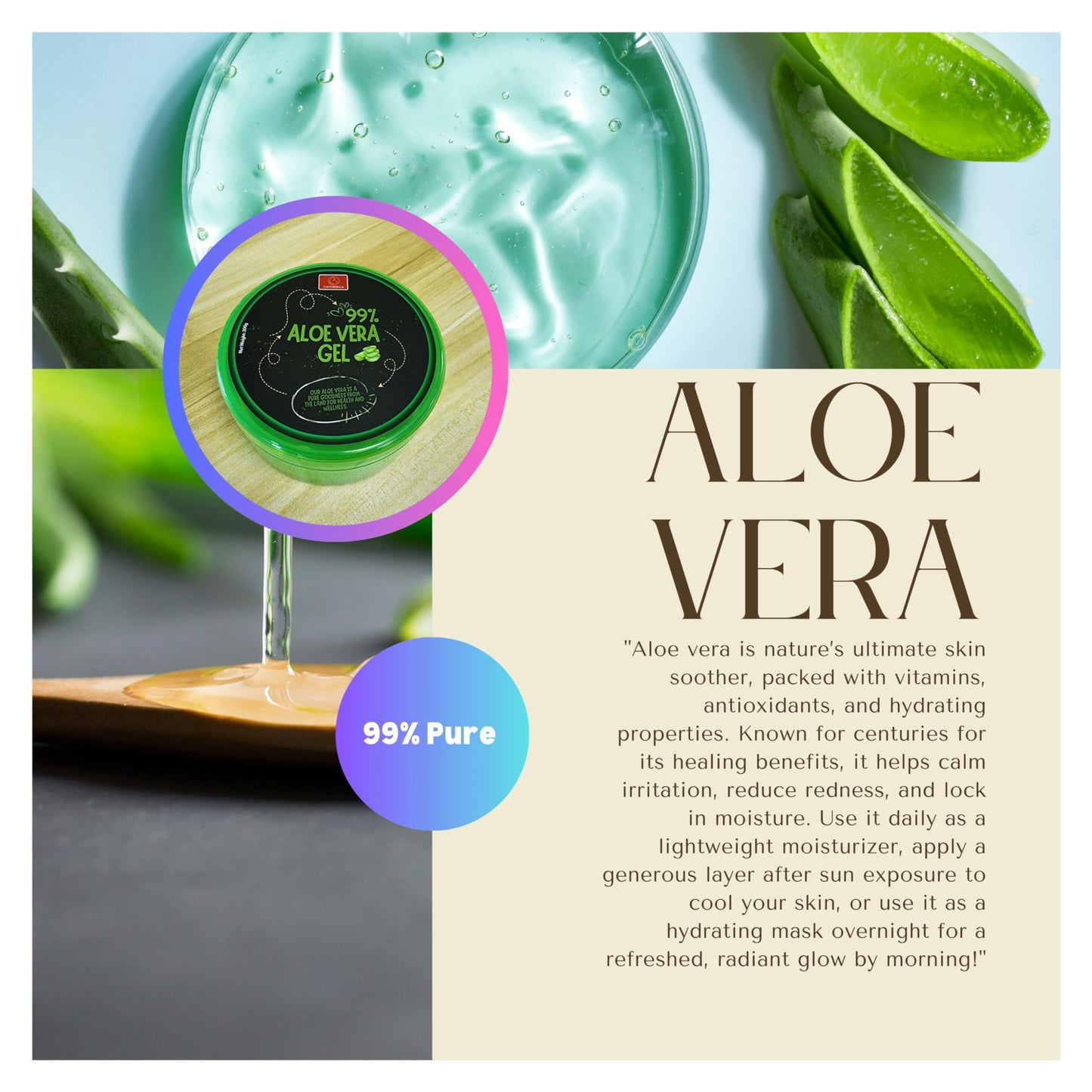 CATMERICA - Aloe Vera Gel – 99% Pure, Fast-Absorbing and No-Residue Moisturizer, Non-Sticky - Aloe Vera can be good for Sunburn, after tanning, Dry Skin, Body, face & hair Care – 10.1 fl oz (300g).