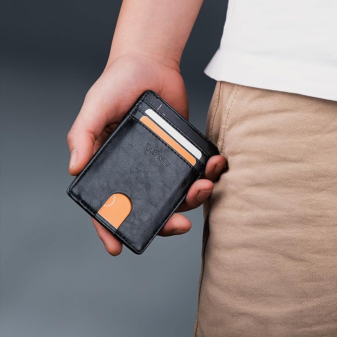 Buffway Mens Slim Wallet, Minimalist Thin Front Pocket Leather Credit Card Holder with RFID Blocking for Work Travel