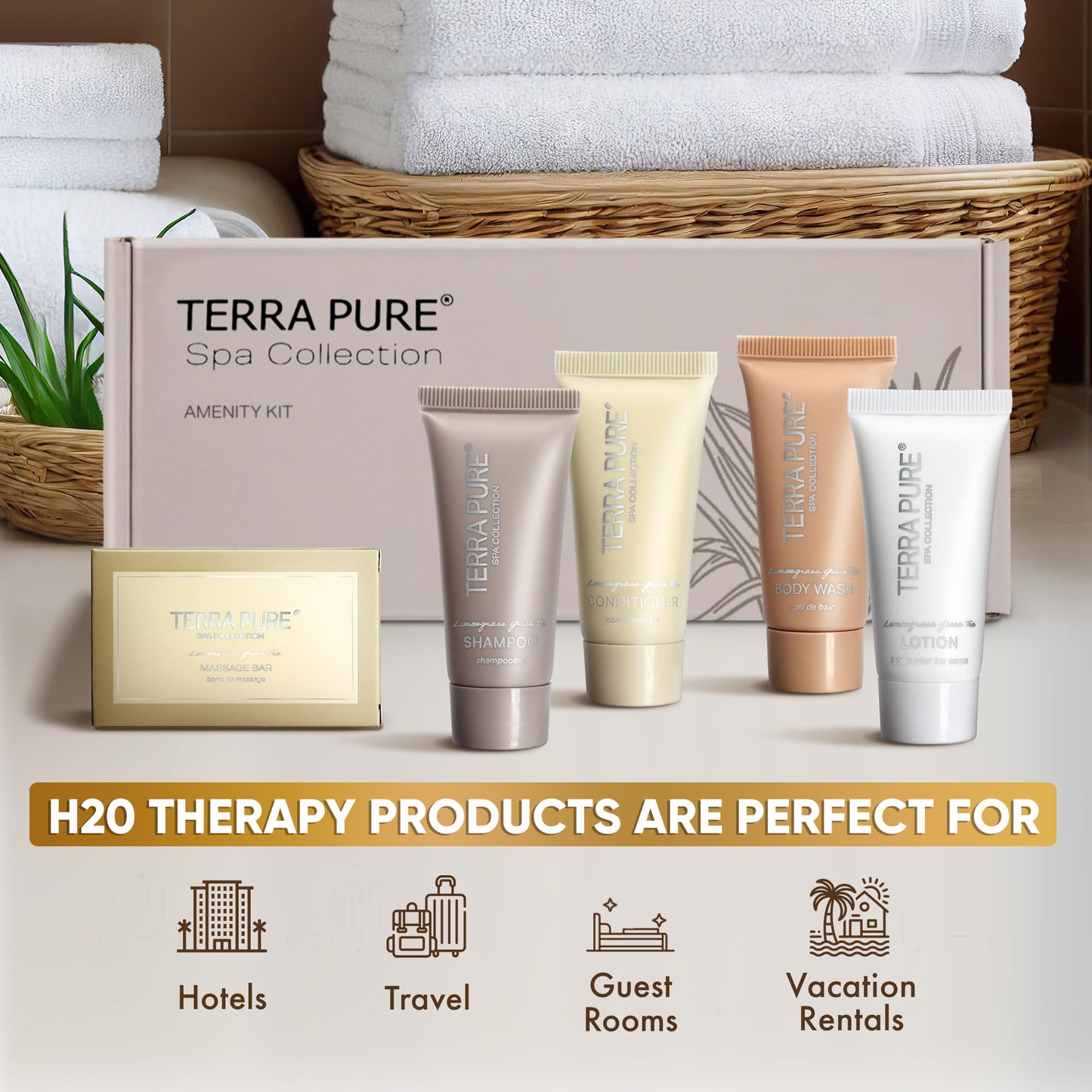Terra Pure Spa Collection Amenity Kit | Hotel Bulk Toiletries | 0.85 oz Shampoo, Conditioner, Lotion, Body Wash, Massage Bar for Guest Hospitality Vacation Rentals | 1 Set/Case