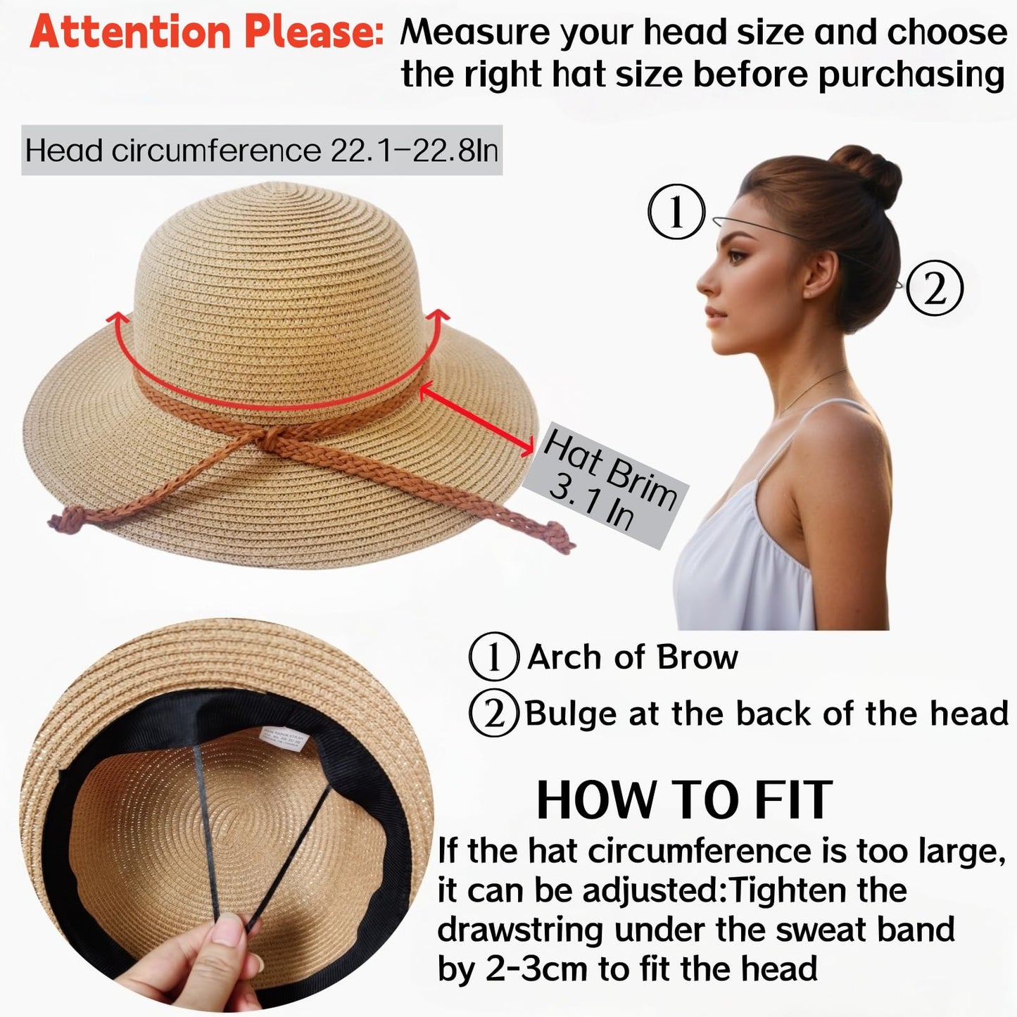 Beach Sun Straw Hats for Women, Summer Sun Protection Foldable Packable Wide Brim Hat,Khaki