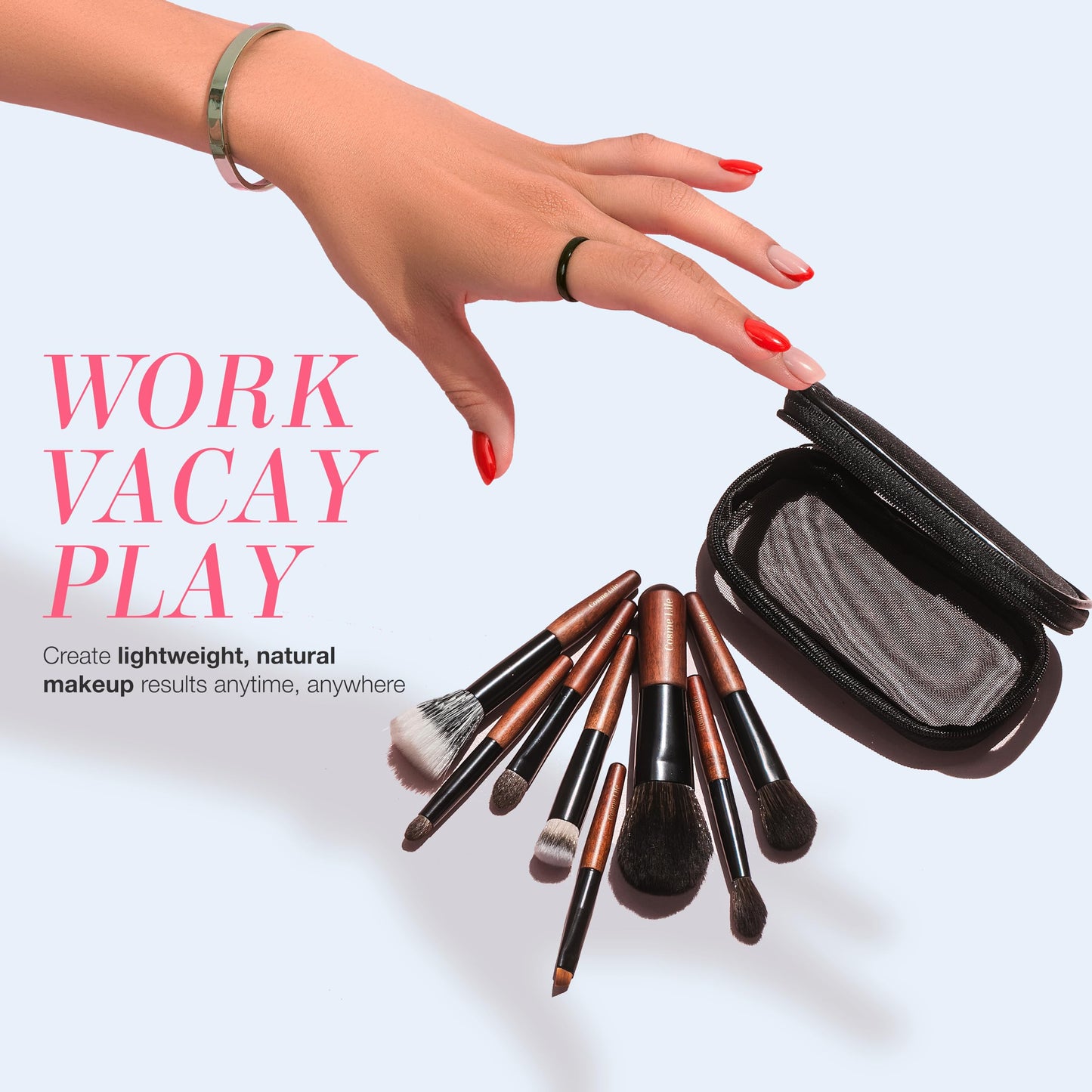 Cosme 9 FULL FACE MINI TRAVEL Make Up Brush Set: Powder, Concealer, Blush, Eyeshadow, Eyeliner, Brow Makeup Brushes Set in Synthetic & Natural Hair Make up Brush Set + Case for Work, Vacation, School