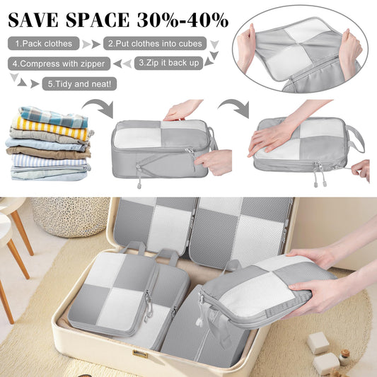 8 Set Compression Packing Cubes Travel, Lightweight Expandable Travel Cubes Suitcase Organizer for Carry On Luggage Suitcase, Grey