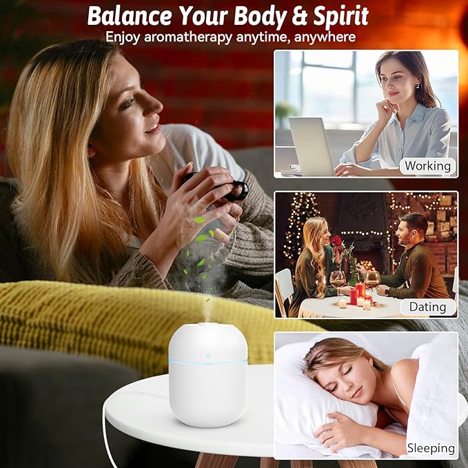 220ml Mini Essential Oil Diffuser for Desk, Small Humidifiers for Bedroom Aromatherapy Diffusers for Home Fragrance Aroma Diffuser with Night Light & Auto-Off