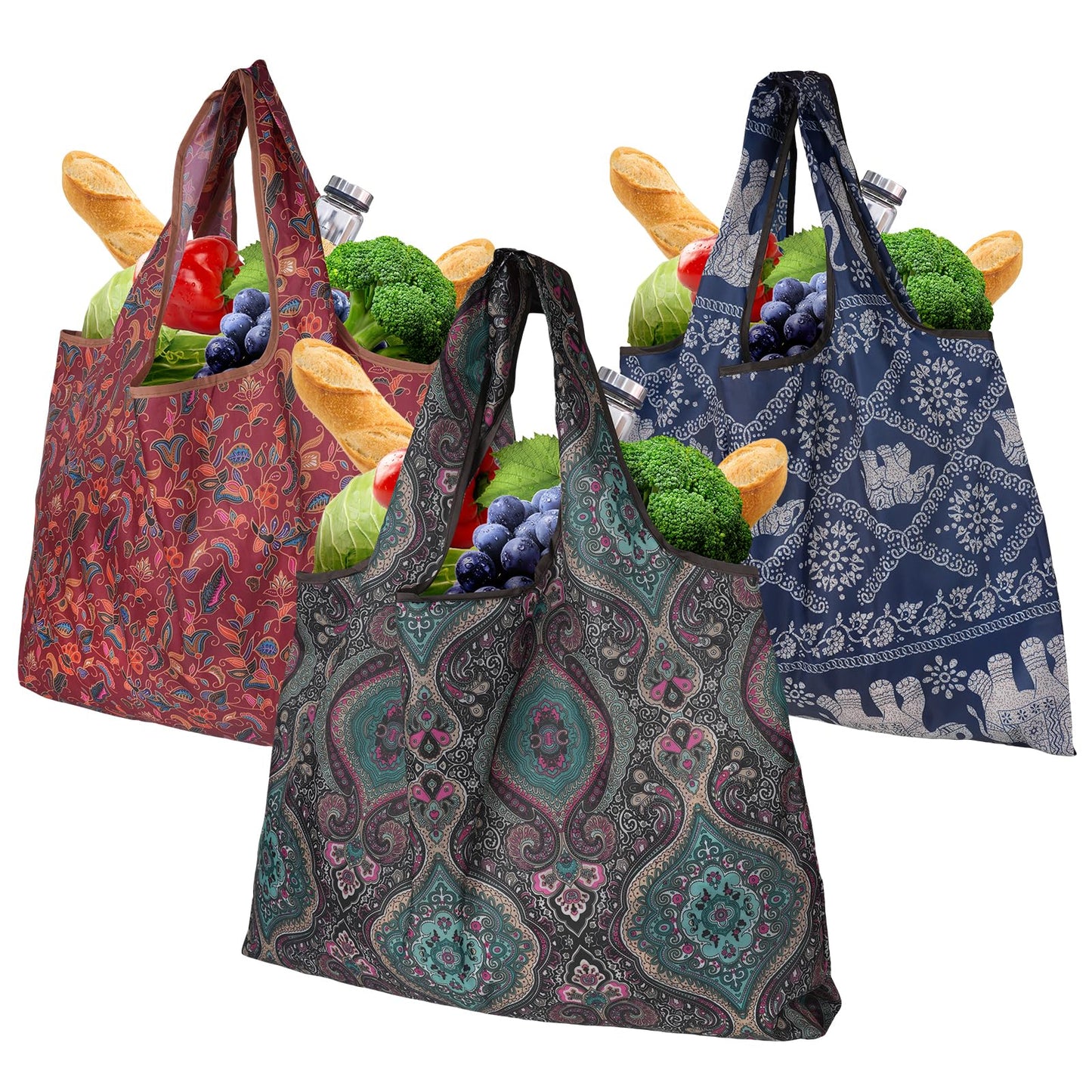 gracefuLife Foldable Grocery Bag Set of 3, Large Capacity 22x15in, Holds up to 44lb,Reusable Shopping Bags For Travel, Storage, and More, Soft Fabric with vivid Patterns