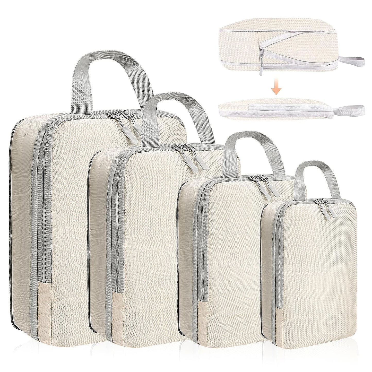 4 Set Compression Packing Cubes for Suitcase - Space-Saving Luggage Organizer Bags, Lightweight Travel Essentials for Efficient Packing (Beige)