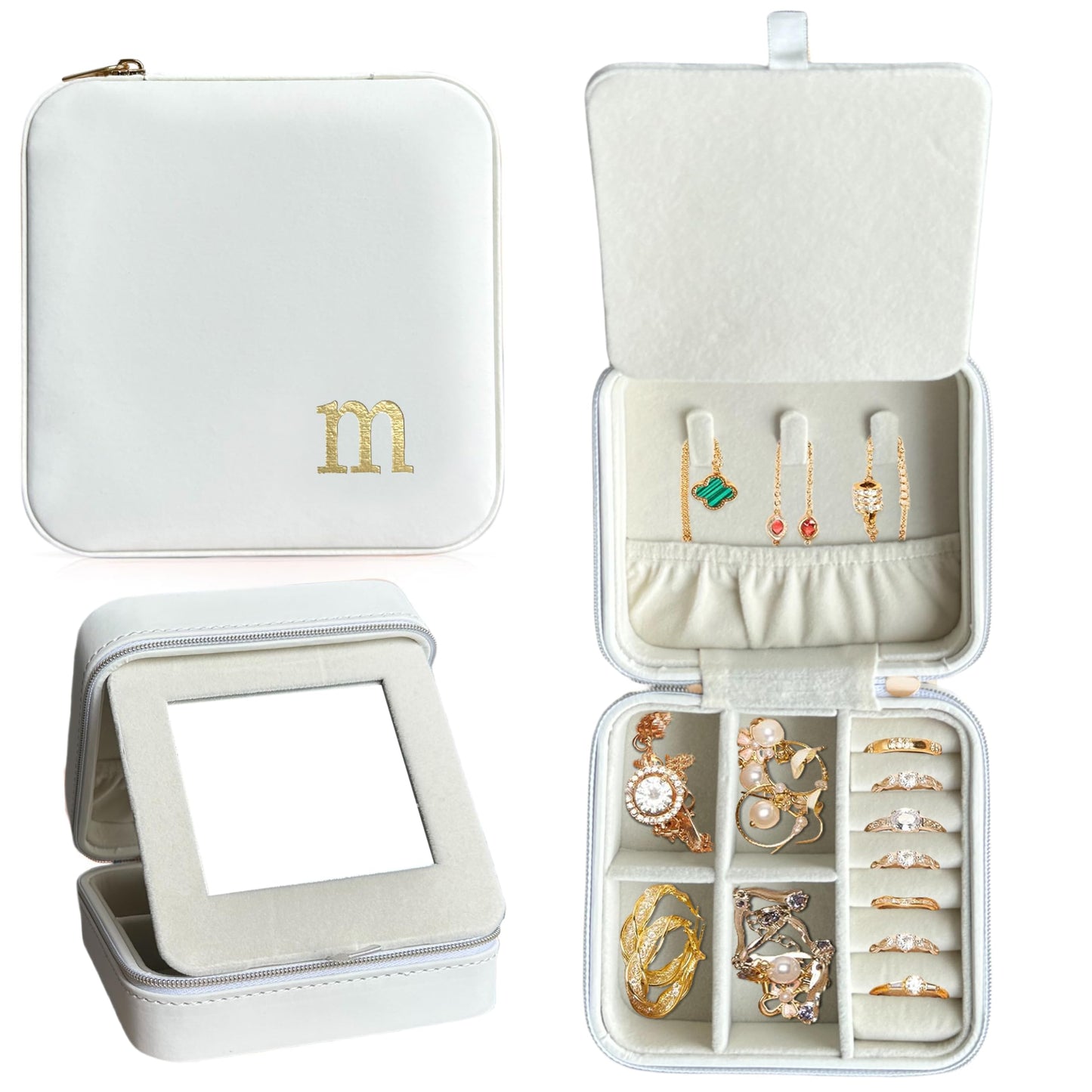 COLLECTIVE HOME - Travel Jewelry Case, Elegant Square Design with Gold Engraved Monogram, Built-in Mirror, Personalized Accessory Organizer for Rings, Necklaces, Gift for Women and Teens (m)