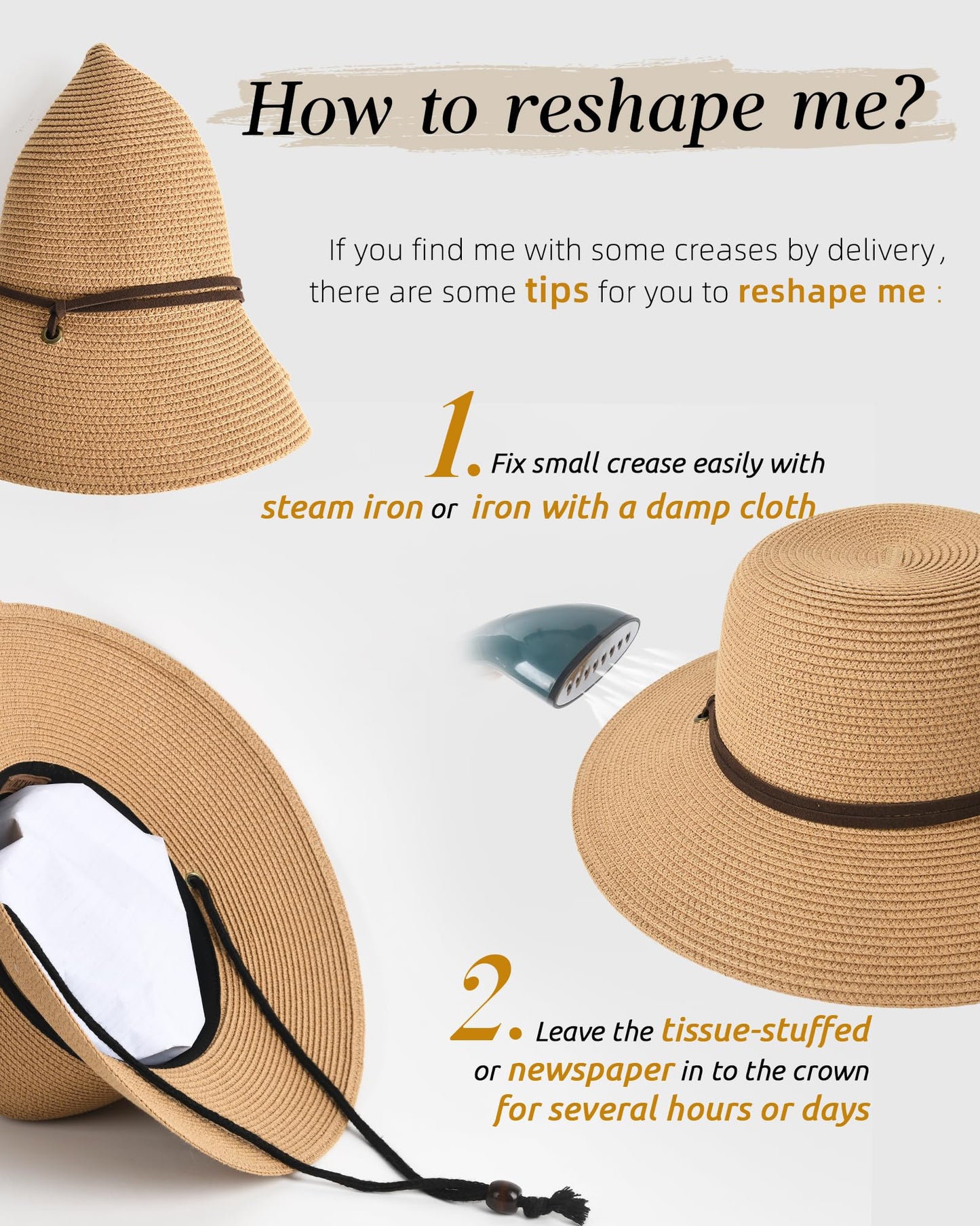 FURTALK Womens Wide Brim Sun Hat with Wind Lanyard UPF Summer Straw Sun Hats for Women Khaki