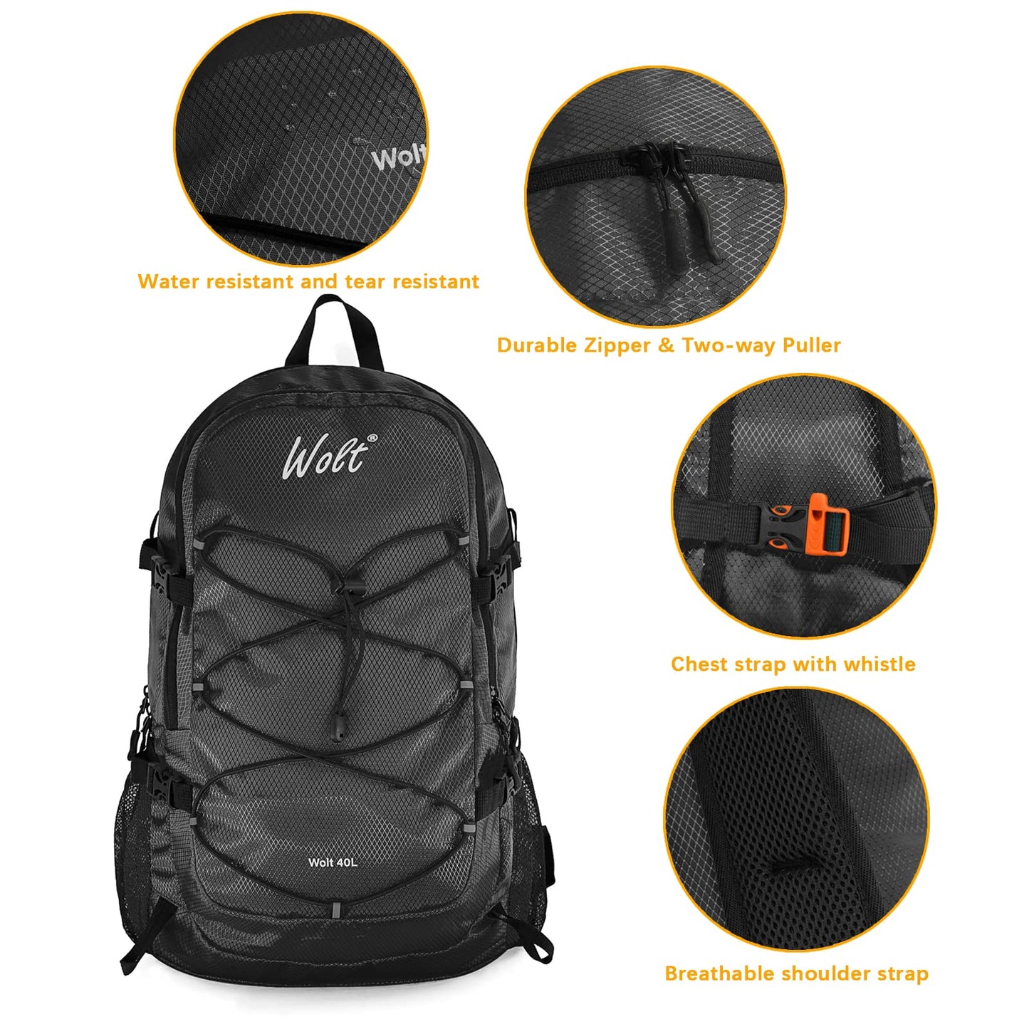WOLT 40L Packable Travel Backpack, Foldable Lightweight Backpack for Men Women,Waterproof Hiking Bag for Outdoor Camping (Black)