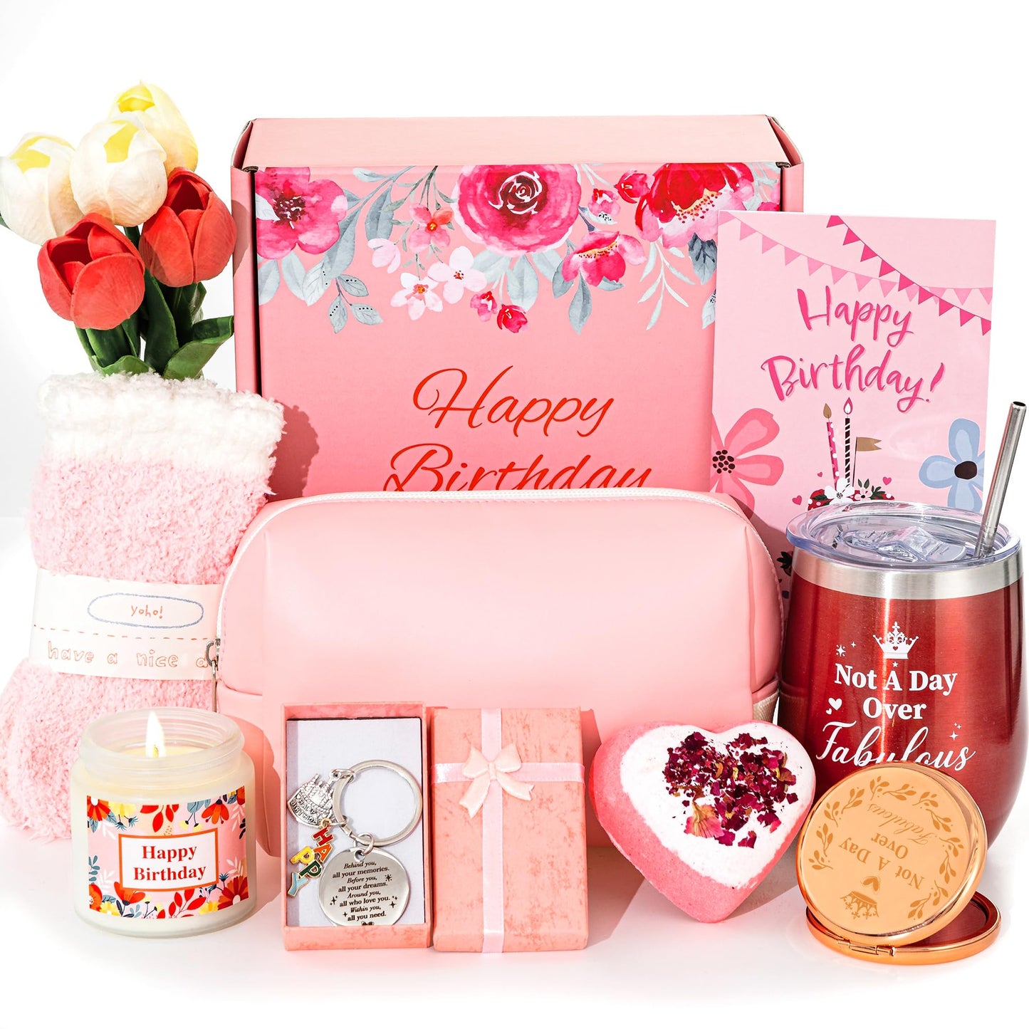 Birthday Gifts Baskets Box Women, Unique Happy Birthday Gifts Basket for Mom Her Best Friend Sister Wife Girlfriend Coworker,Luxury Self Care Ideas Box Relaxing Spa Gifts Set with Tumbler