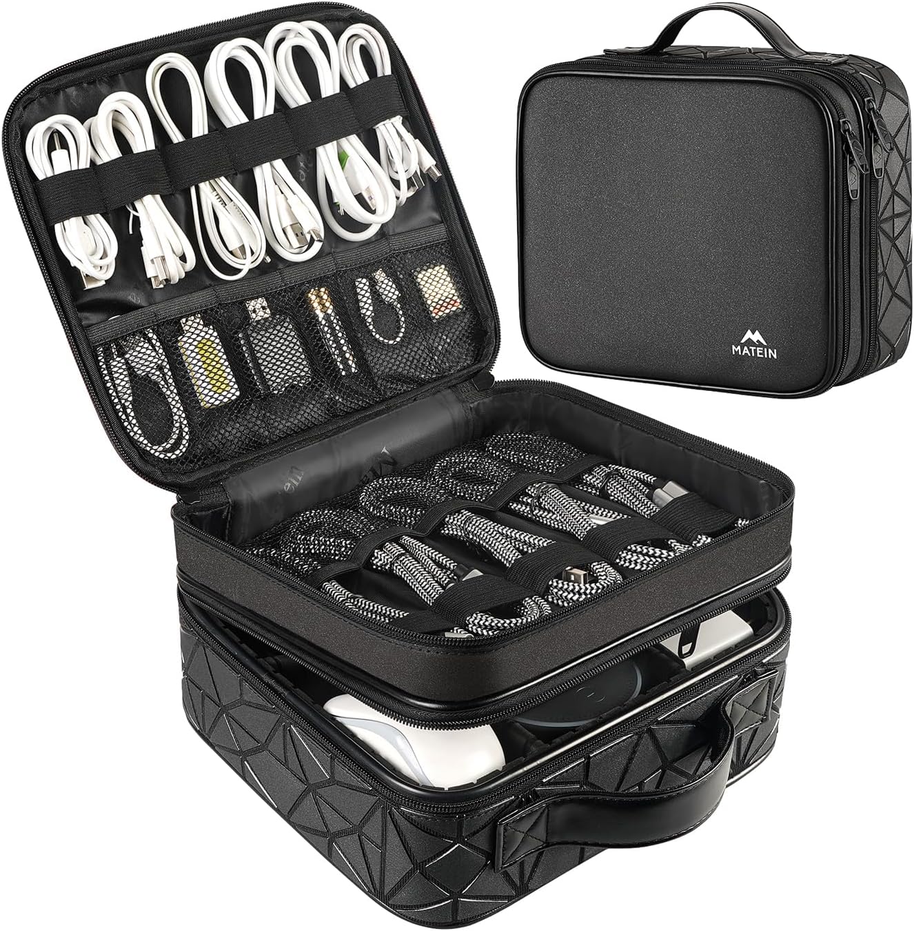 MATEIN Cable Organizer Bag, Waterproof Travel Electronic Storage with Adjustable Divider, Shockproof Portable Double Layer Tech Bag Carrying Case for Cord, Earbuds, Charger, SD Card, DJ Gifts, Black