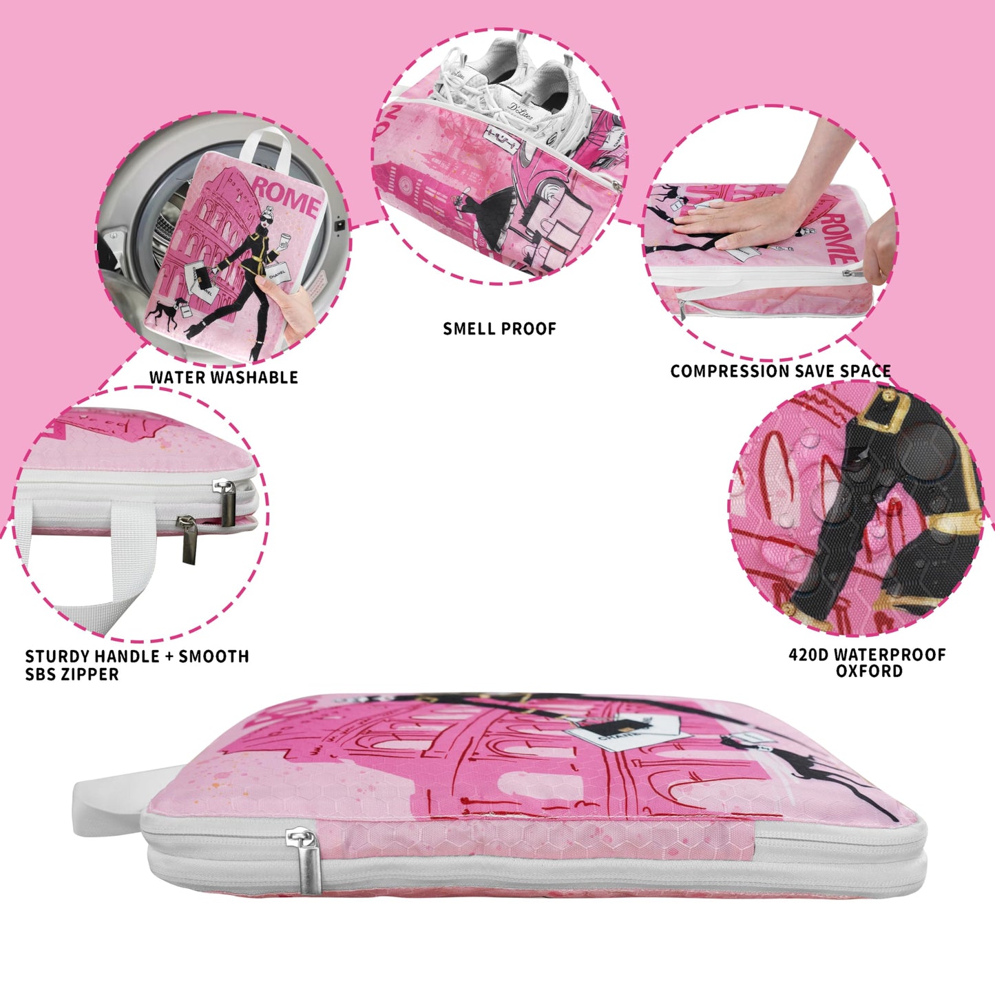 Compression Packing Cubes for Travel, 6 Set Pink Fashion Luxury Girly Luggage Organizers, Lightweight Waterproof Expandable/Compression Bags Smell Proof Travel Packing Cubes for Suitcases