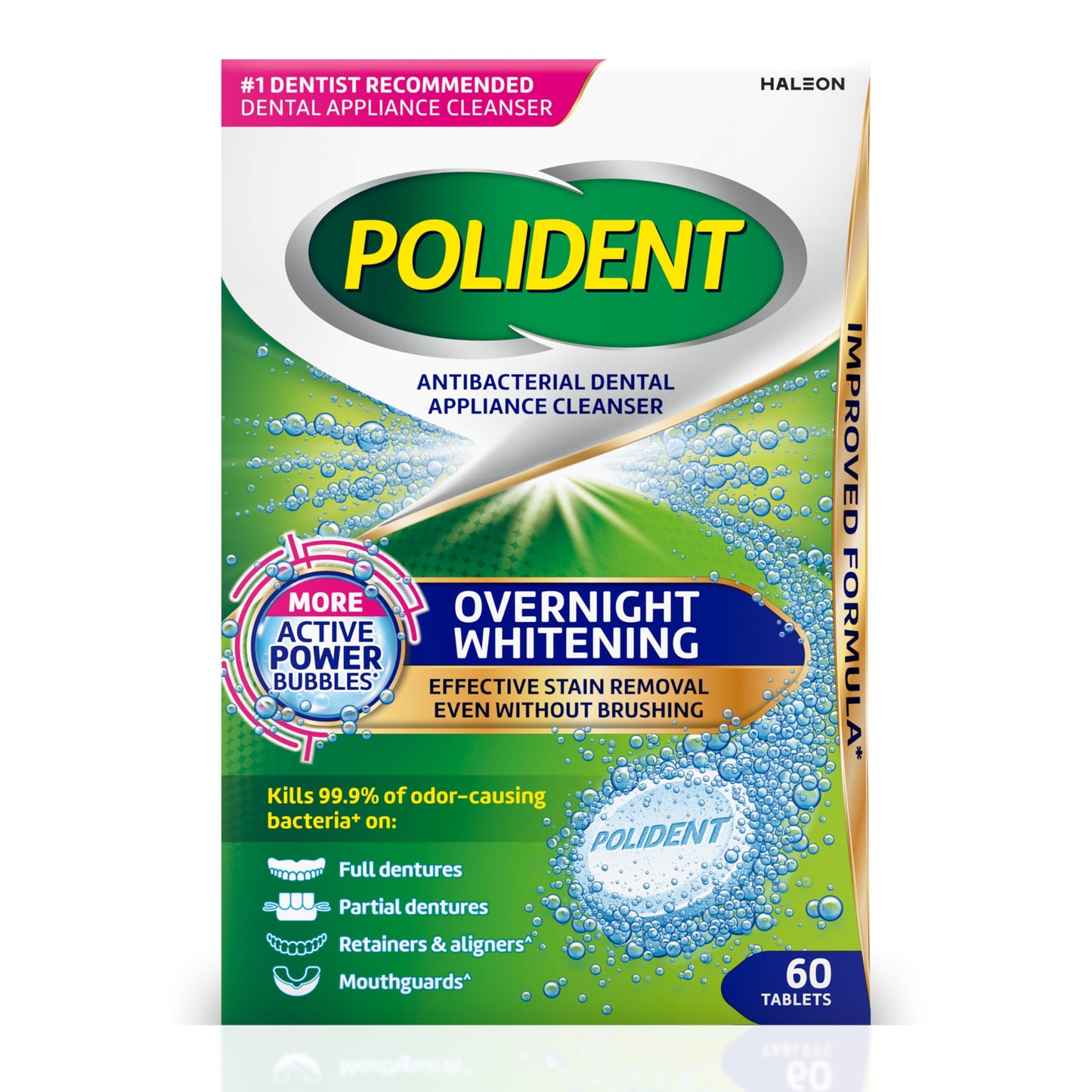Polident Overnight Whitening Antibacterial Dental Appliance Cleanser Tablets, 60 Count
