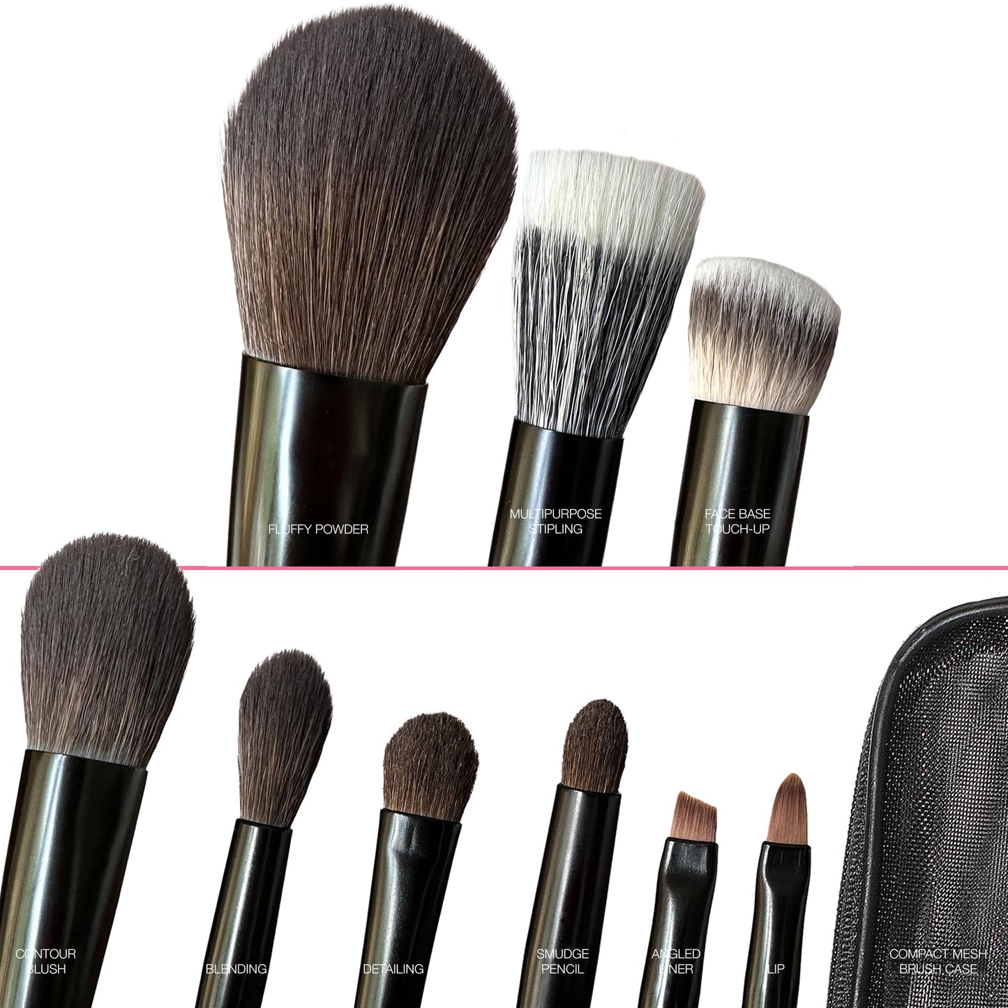 Cosme 9 FULL FACE MINI TRAVEL Make Up Brush Set: Powder, Concealer, Blush, Eyeshadow, Eyeliner, Brow Makeup Brushes Set in Synthetic & Natural Hair Make up Brush Set + Case for Work, Vacation, School