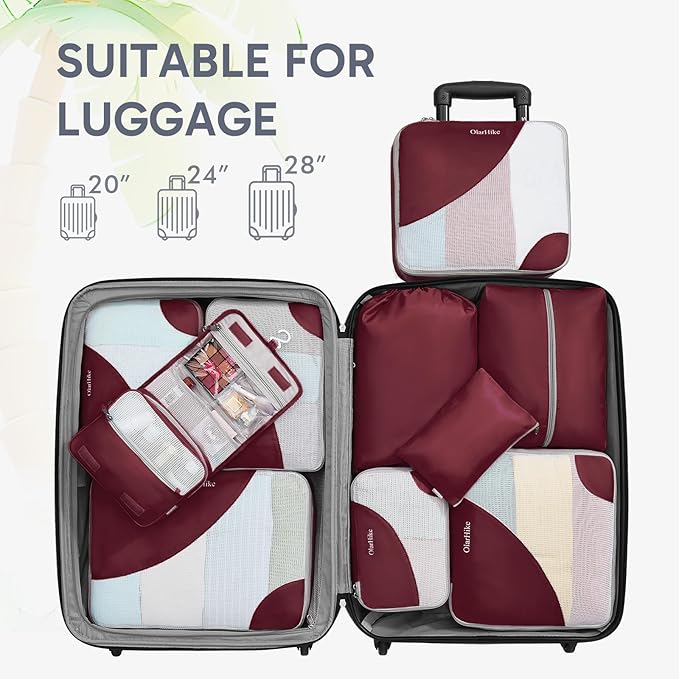 ALL INCLUDED 10 Set Sturdy Packing Cubes for Suitcases,OlarHike Travel Essentials,UPGRADED Anti-Tear Stitching, NEW Improved Luggage Packing Organizers for Travel Accessories (Burgundy)