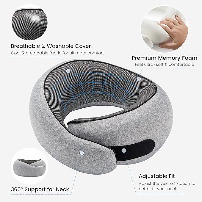 Neck Pillow Airplane,100% Pure Memory FoamTravel Neck Pillow Travel Neck Support Ergonomic &Portable Design Best for Sleeping Plane Car Train Office Flight (Small Grey)