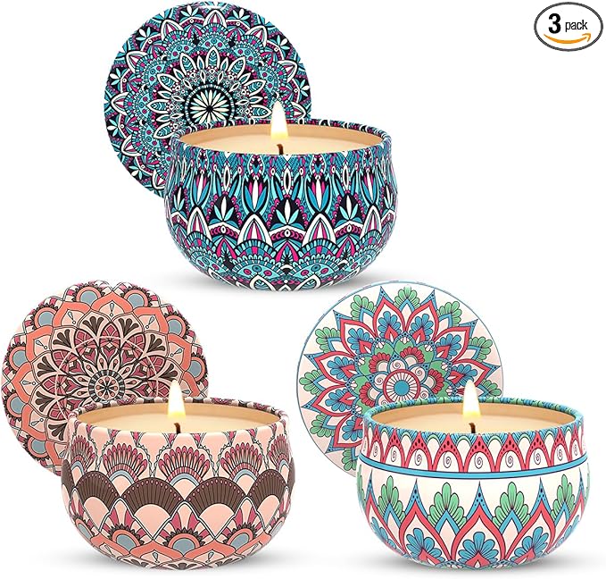 Set of 3 Scented Candles Gift Set for Women Home Decor, Decorative Small 2.5oz Natural Soy Wax Freesia, Lilac and Strawberry Aromatherapy Candles in Portable Travel Tin