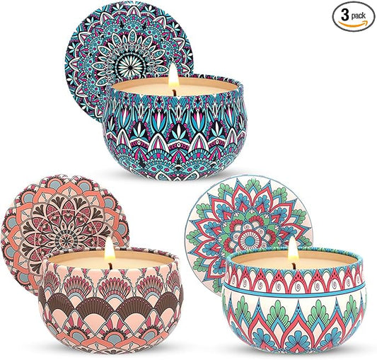 Set of 3 Scented Candles Gift Set for Women Home Decor, Decorative Small 2.5oz Natural Soy Wax Freesia, Lilac and Strawberry Aromatherapy Candles in Portable Travel Tin