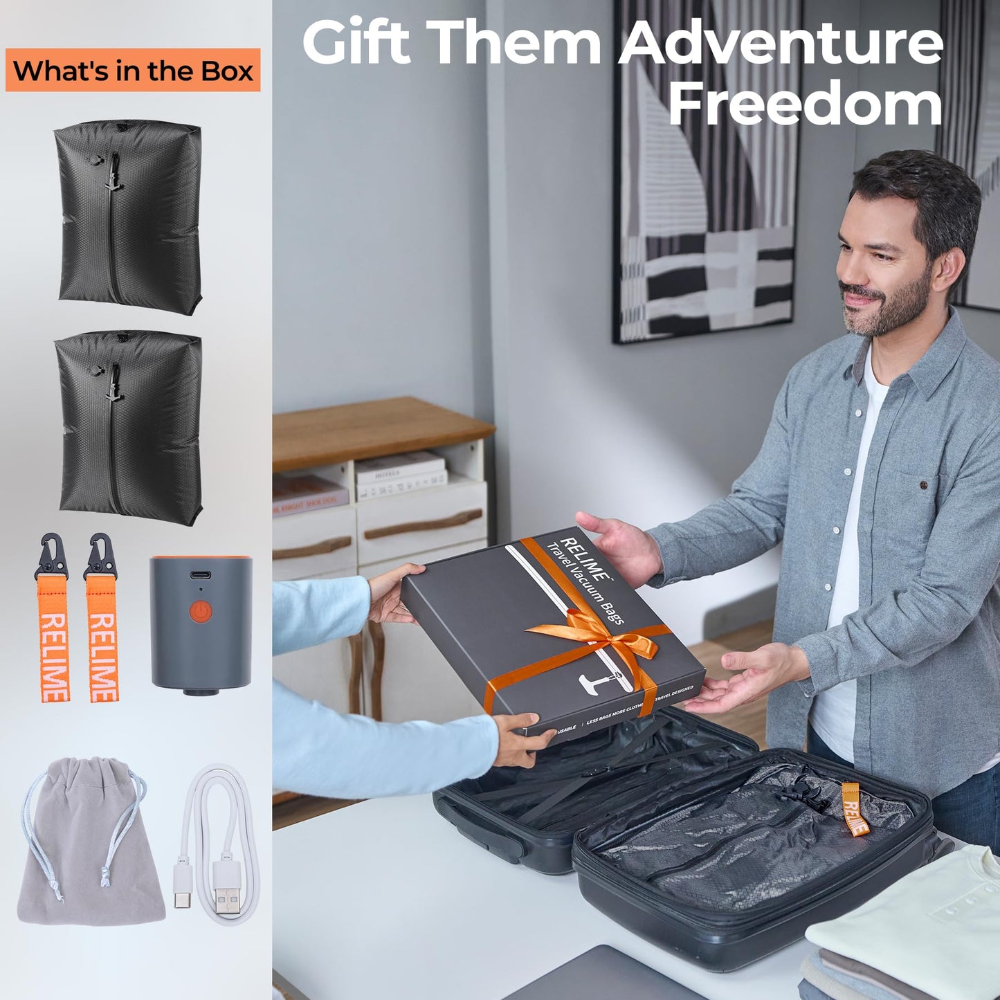 Relime Classic Series Vacuum Bags for Travel Luggage with Wireless Pump, Compression Bags for Carry On Suitcases and Backpack, Vacuum Seal Packing cube for Cloth Packing (2PC + PUMP)