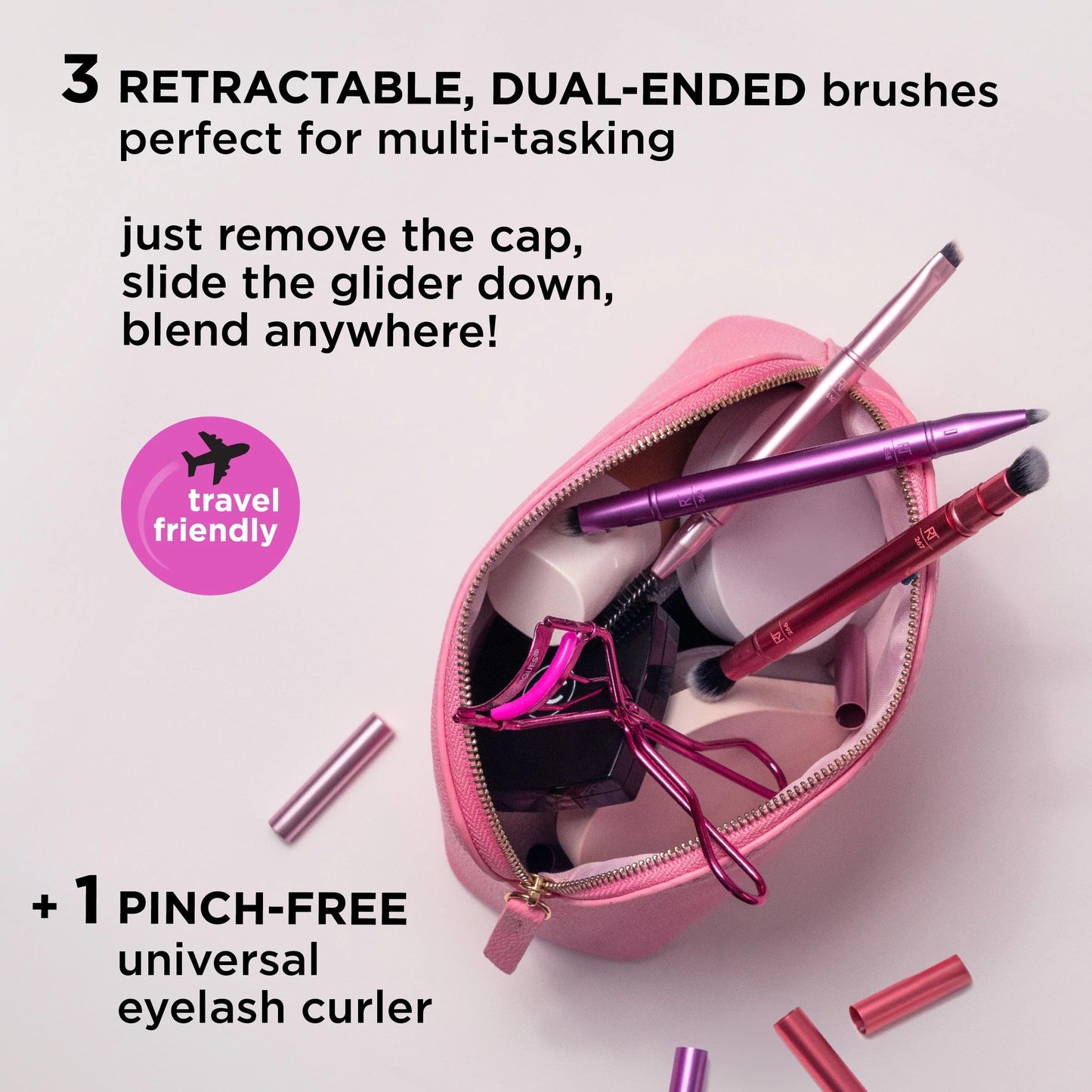 Real Techniques Double Time Brush + Lash 4 Piece Set, Dual-Ended Eye Makeup Brushes For Eyeshadow & Brows, Travel-Friendly Brush Caps For Storage, Eyelash Curler Included, Cruelty-Free