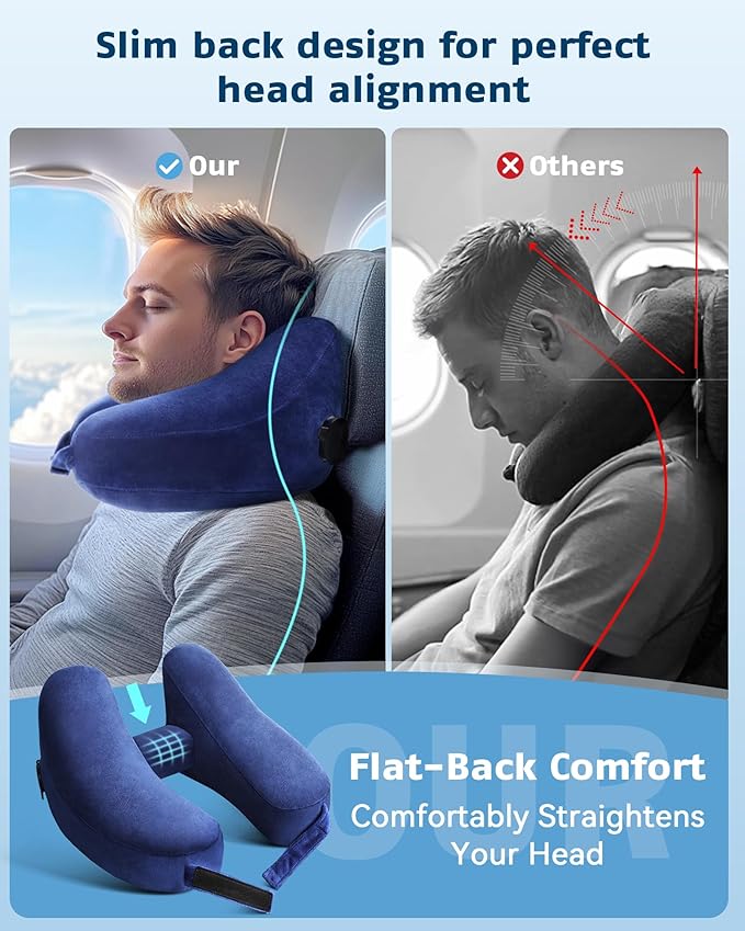 Travel Pillow Inflatable Neck Pillow Airplane Pillow with Velvet Cover Inflatable Pillow for Car/Train/Plane (Blue, M)