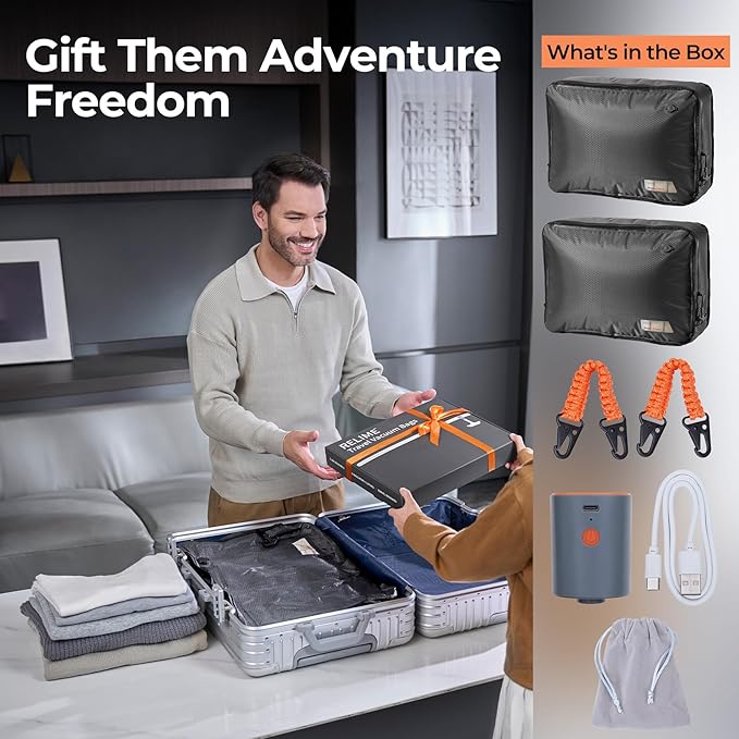 Apex Series Vacuum Bags for Travel Luggage with Wireless Pump, 180° Open, Reusable Compression Bags for Carry On Suitcases and Backpack, Vacuum Seal Packing cube for Cloth (2Large+Pump)