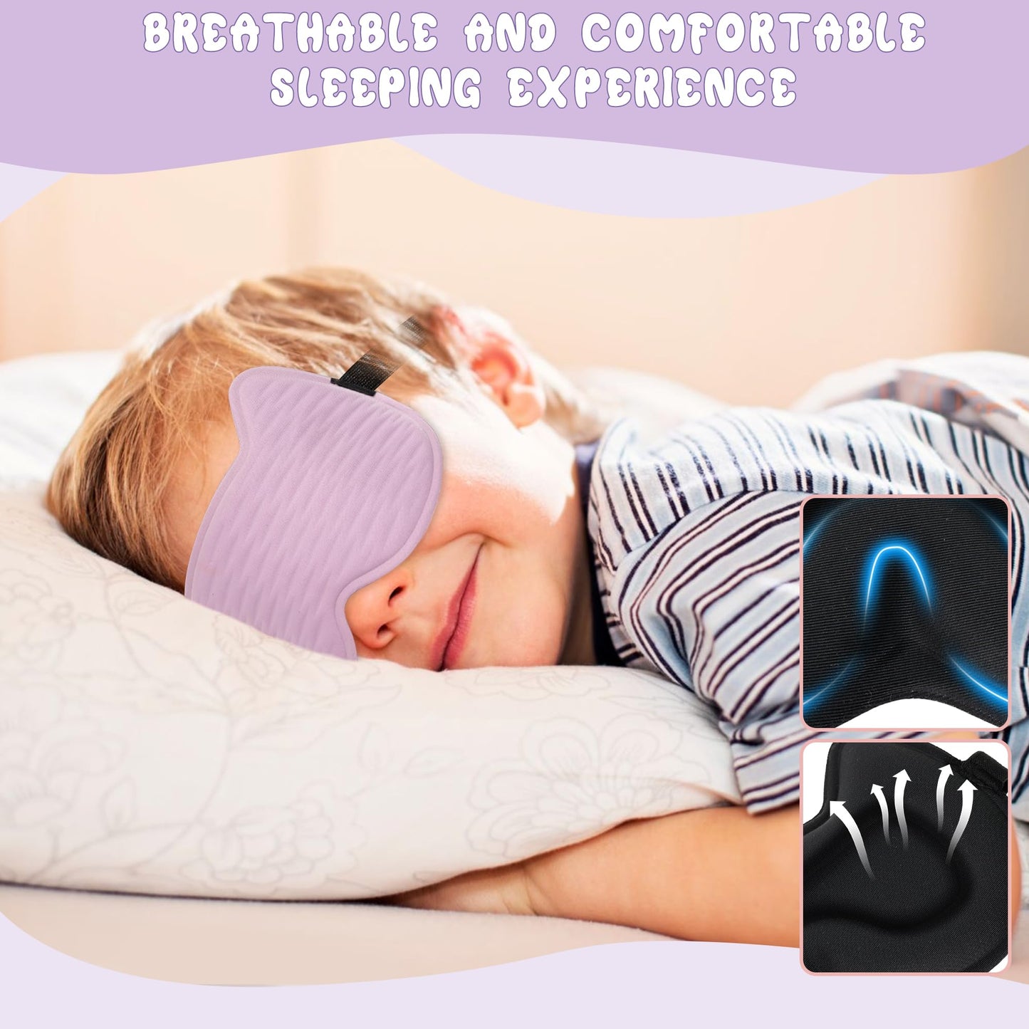 Kids Sleep Mask Eye Mask: 3D Contoured Cup Sleeping Masks, Blindfold with Adjustable Strap, Kids Eye Cover for Boys, Girls, Teens, Pressure-Free with Memory Foam Face Mask for Sleeping (Purple)