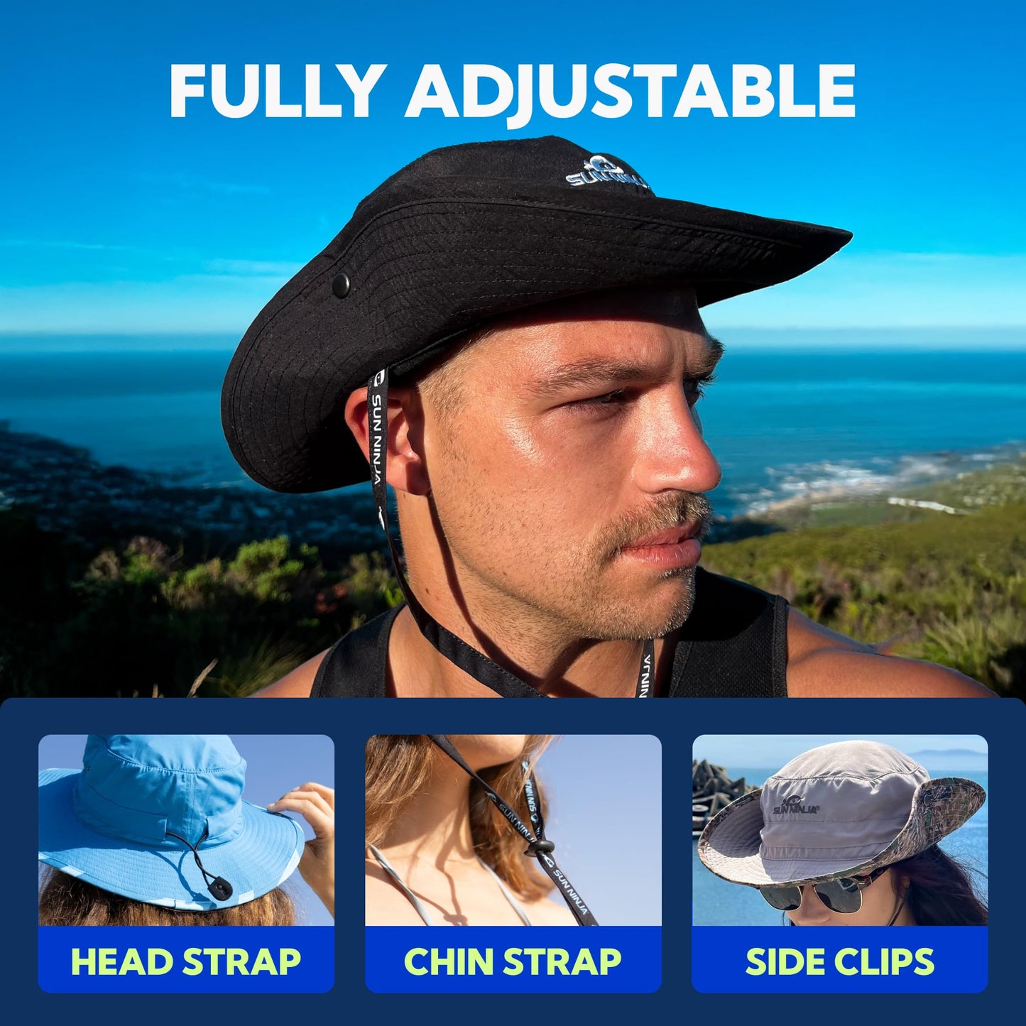 SUN NINJA Bucket Hat for Men & Women, Cooling with Adjustable Strap, Wide Brim, UPF UV 50+ Protection, Foldable Boonie Hat for Fishing, Hiking, Beach, Safari, Kayaking, SUPing - Palm Trees