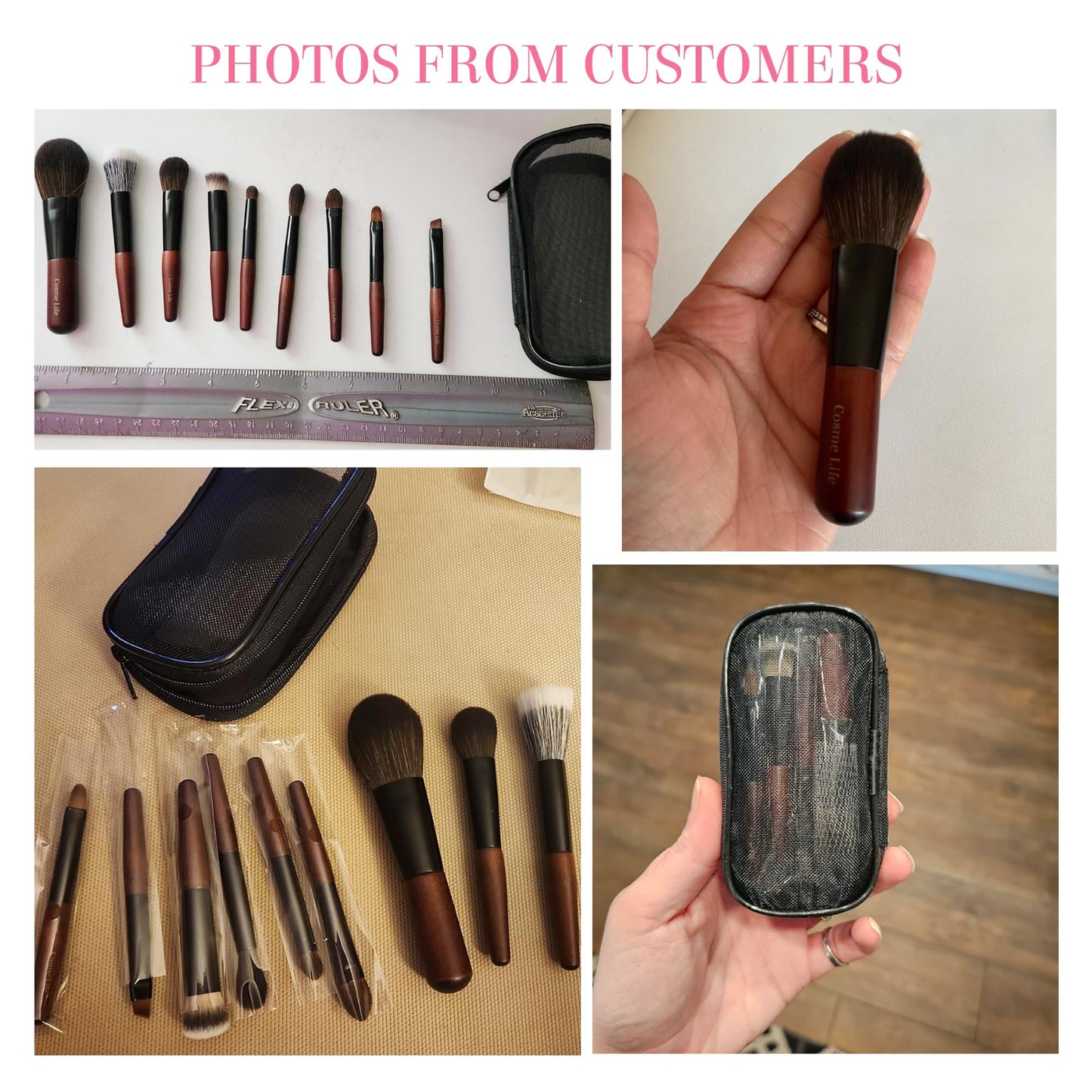 Cosme 9 FULL FACE MINI TRAVEL Make Up Brush Set: Powder, Concealer, Blush, Eyeshadow, Eyeliner, Brow Makeup Brushes Set in Synthetic & Natural Hair Make up Brush Set + Case for Work, Vacation, School