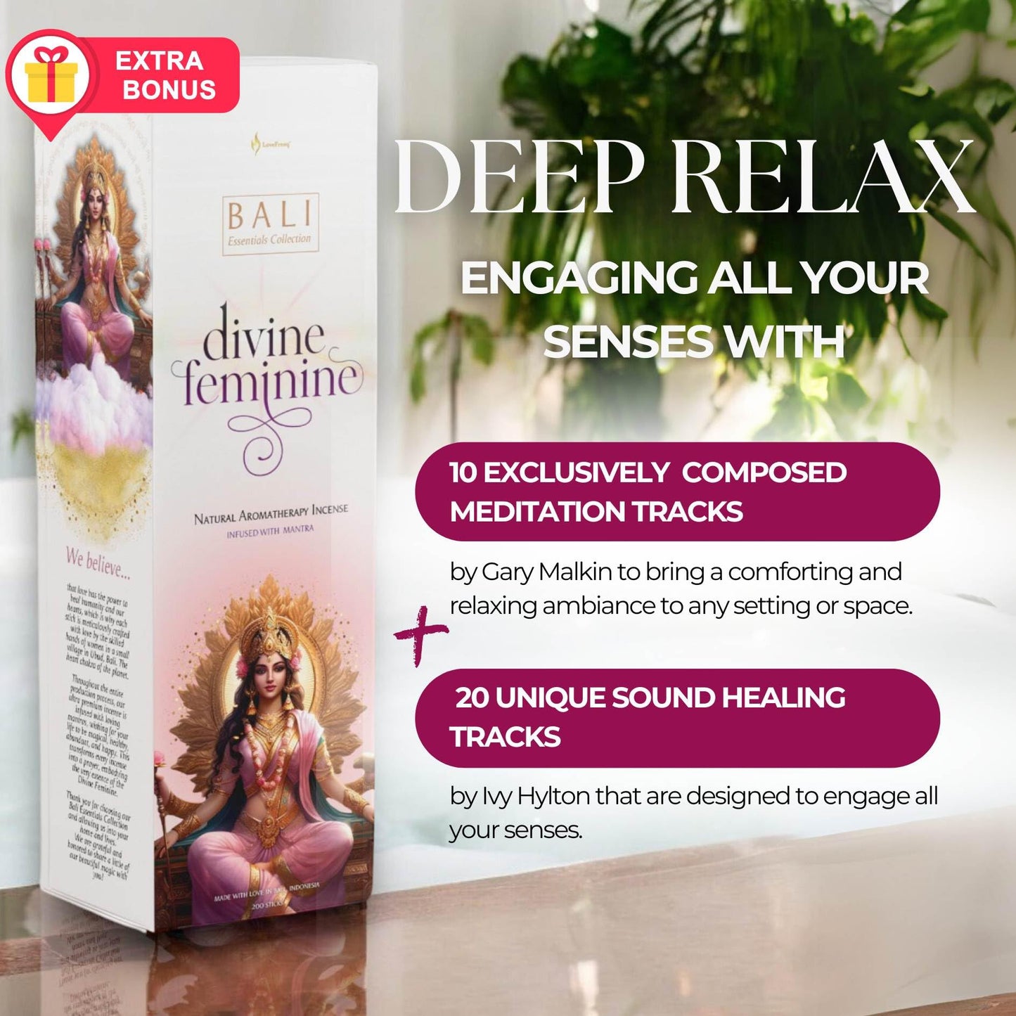 Divine Feminine Handmade Incense Sticks 10 Pack, Aromatherapy Sticks with Matching Music and Sound Bath, Home Fragrance Clean Burning Incense Collection for Meditation and Clarity, Made in Bali