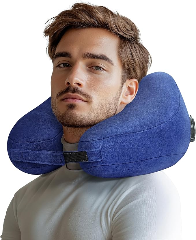 Inflatable Travel Pillow Neck Pillow Airplane Pillow for Airplanes, Trains, Cars, Office & Home (Blue, Standard)