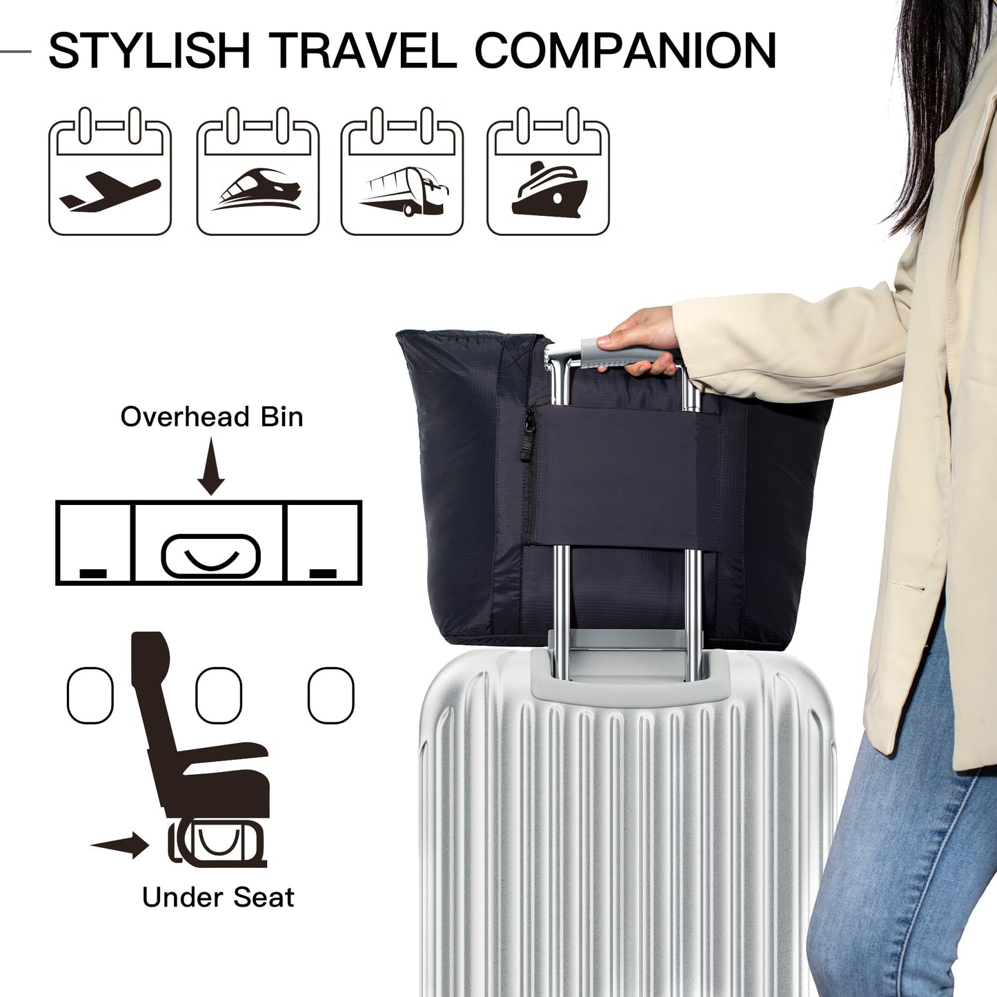 Fynarzel 0.03mm ultra-thin Foldable Lightweight Tote Bag Nylon for Travel Duffel,Polyester Packable Totes with Zipper, 23-28L Collapsible Compact Large for Women and Men,Black