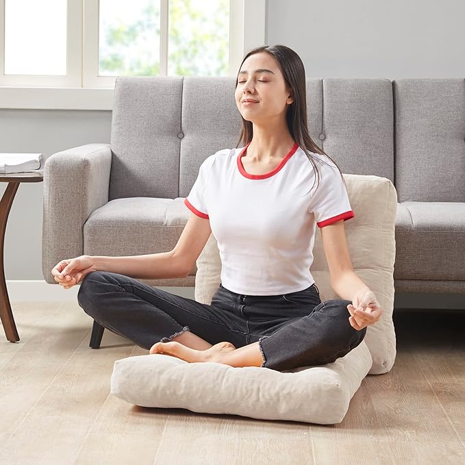 Meditation Floor Pillow Set of 2, Square Large Pillows Seating for Adults, Tufted Corduroy Cushion for Balcony Outdoor Tatami Living Room, Beige, 22x22 Inch