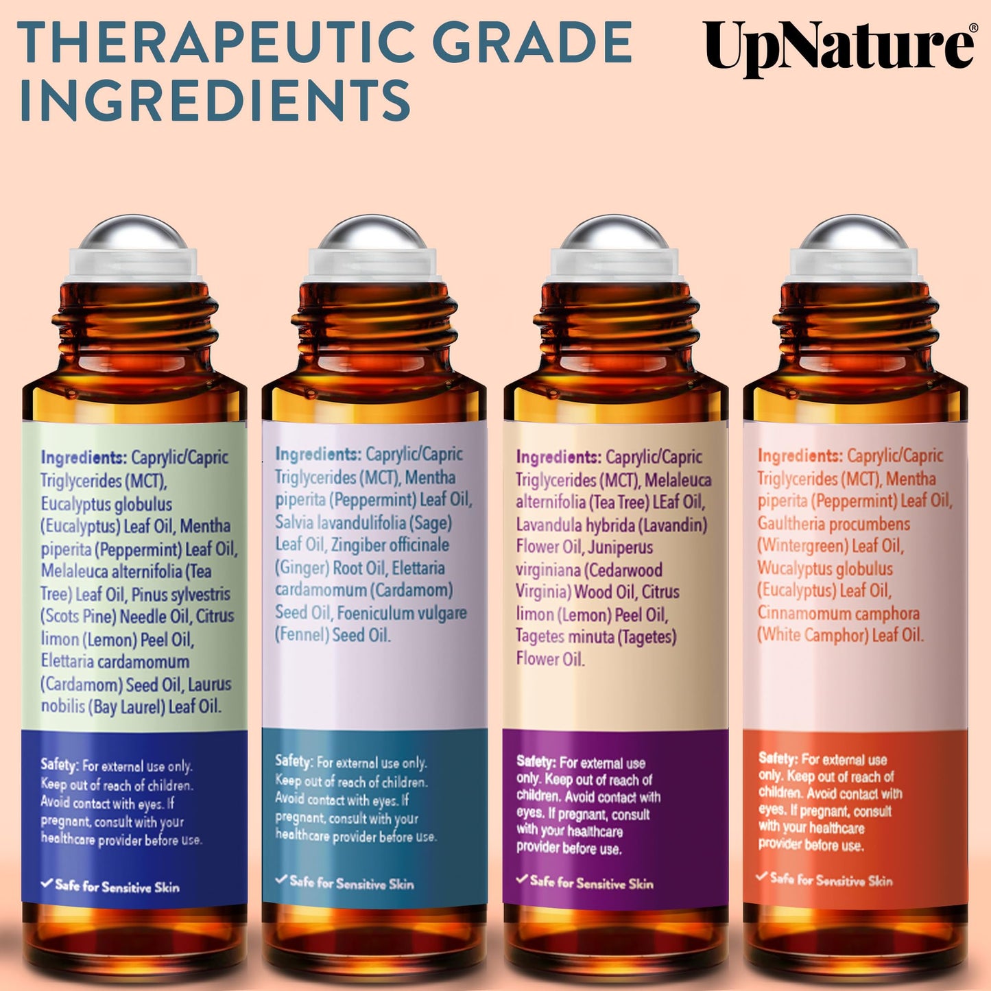 UpNature Essential Oils Roll On Set (Pack of 4) Stress Relief Gift Aromatherapy Oil - Self Care Gifts for Women