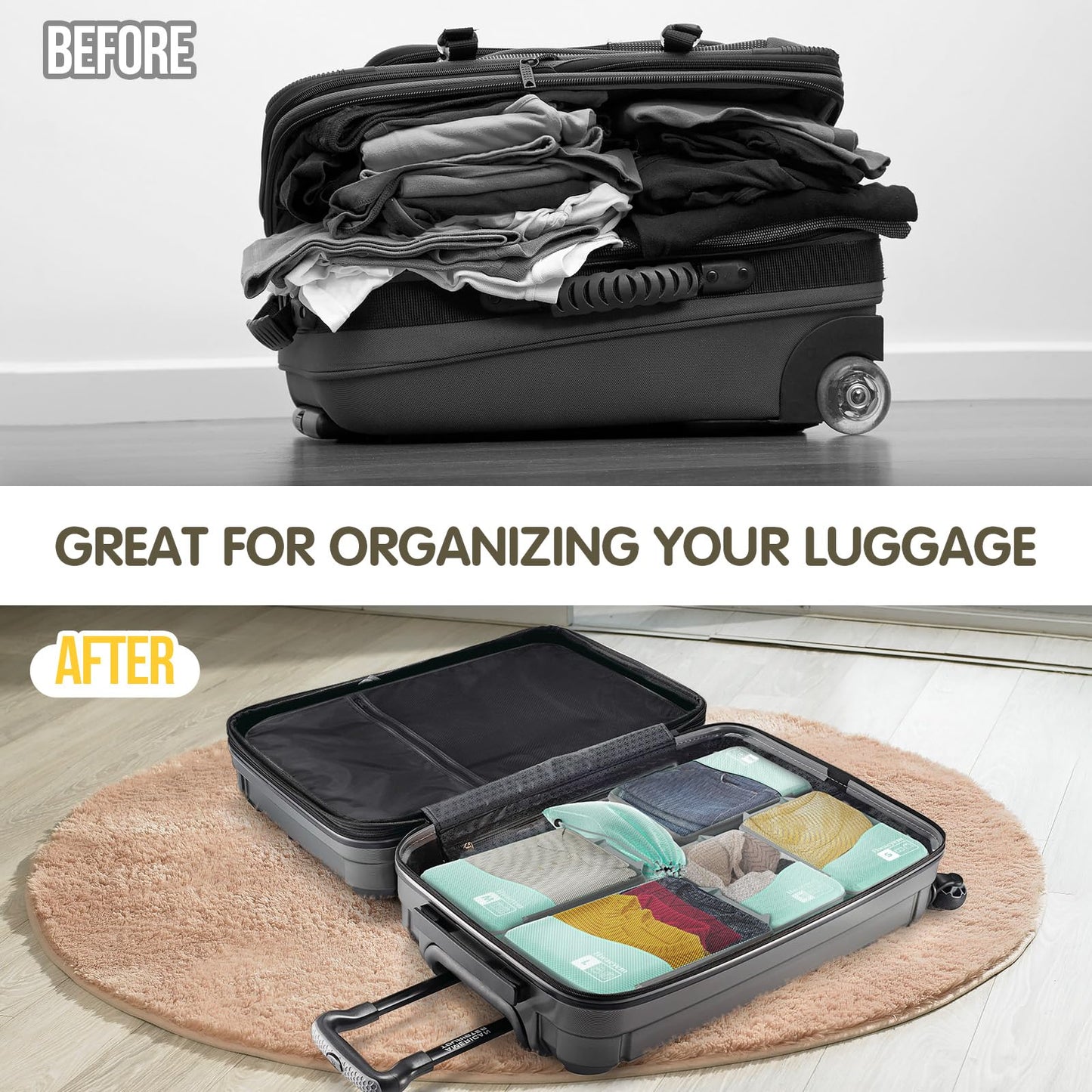 HWAEYEM Compression Packing Cubes 8 Set, Dual Zipper Compression Packing Cubes for Travel, See-Through Mesh Packing Bags for Suitcases, packing cubes with shoe bag