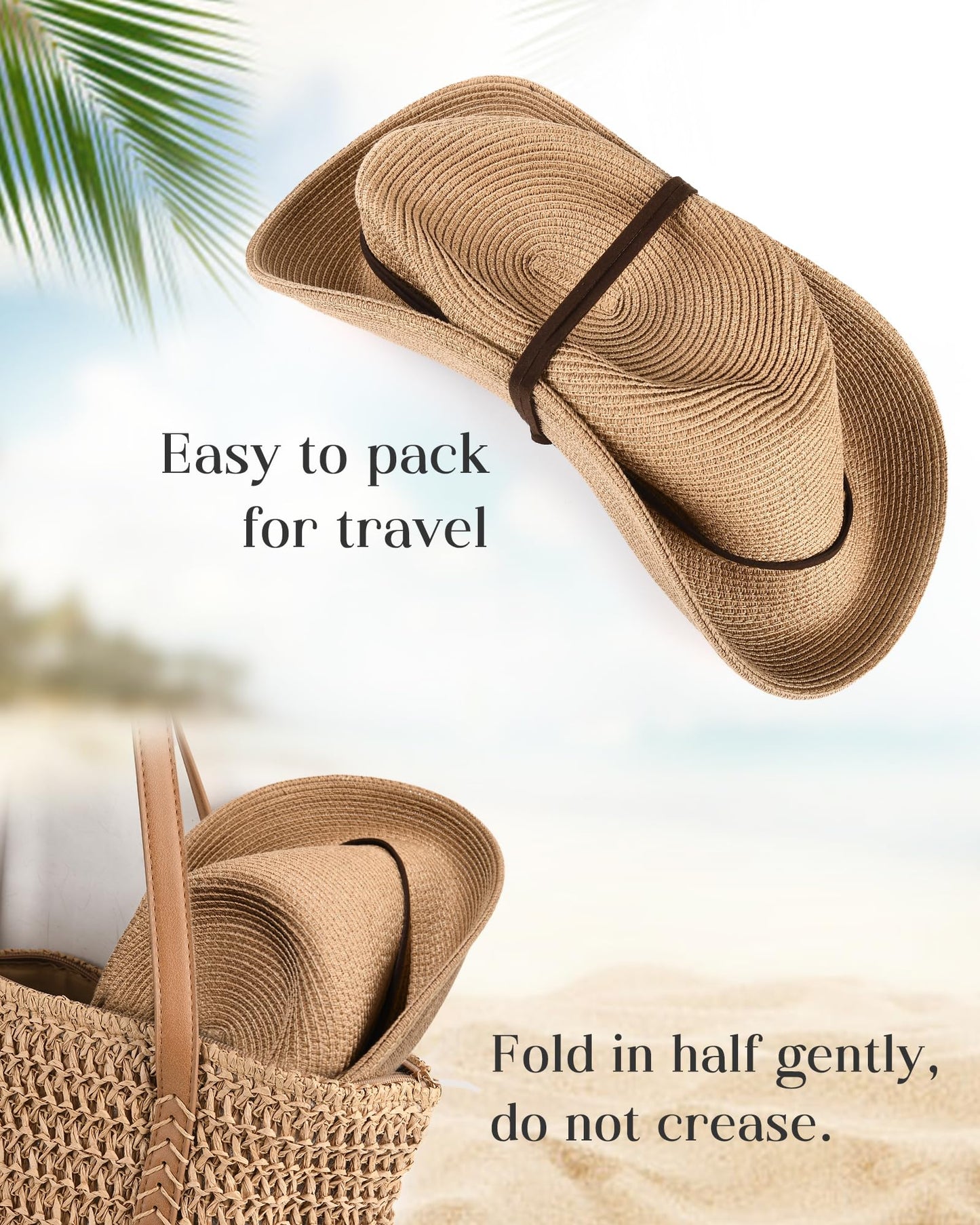 FURTALK Womens Summer Straw Sun Hats Wide Brim Panama Fedora Beach Hat with Wind Lanyard UPF 80+ Khaki