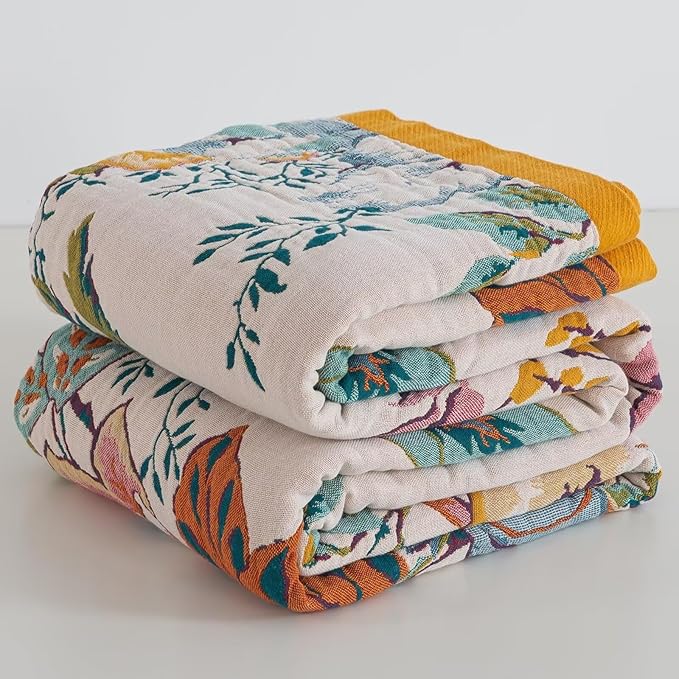 Boho Throw Blanket for Bed, Versatile Woven Pure Cotton Blanket, Ultra Soft Muslin Throw Blankets, Picnic, Farmhouse, Rustic Boho Quilt Decor, Happy Flower, 60"x80"