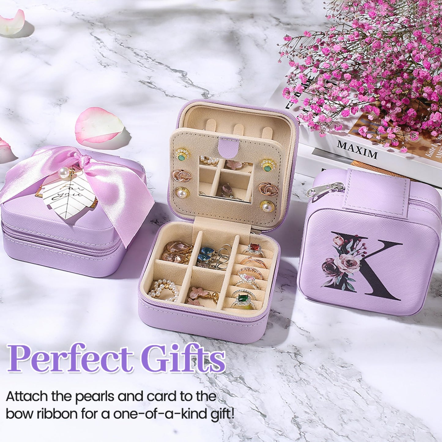 AYGXU Initial Travel Jewelry Case, Organizer, Small Box - Birthday, Graduation, Bridesmaid, Teacher Gifts for Women, Teen Girls - Essentials, Initial K