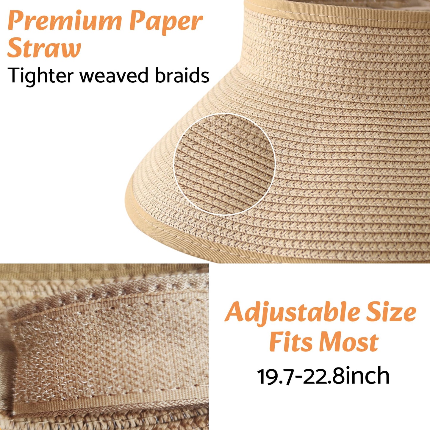 NPQQUAN Sun Visor Hats for Women Wide Brim Ponytail Straw Beach Hat Packable Foldable UPF 50+ Floppy Travel Hats Khaki