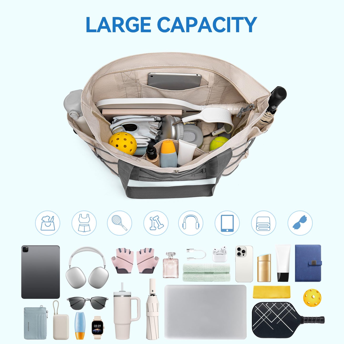 BOSTANTEN Travel Tote Bags for Women Foldable Beach Bag Waterproof Zipper Gym Sports Shopping Bag with Trolley Sleeve