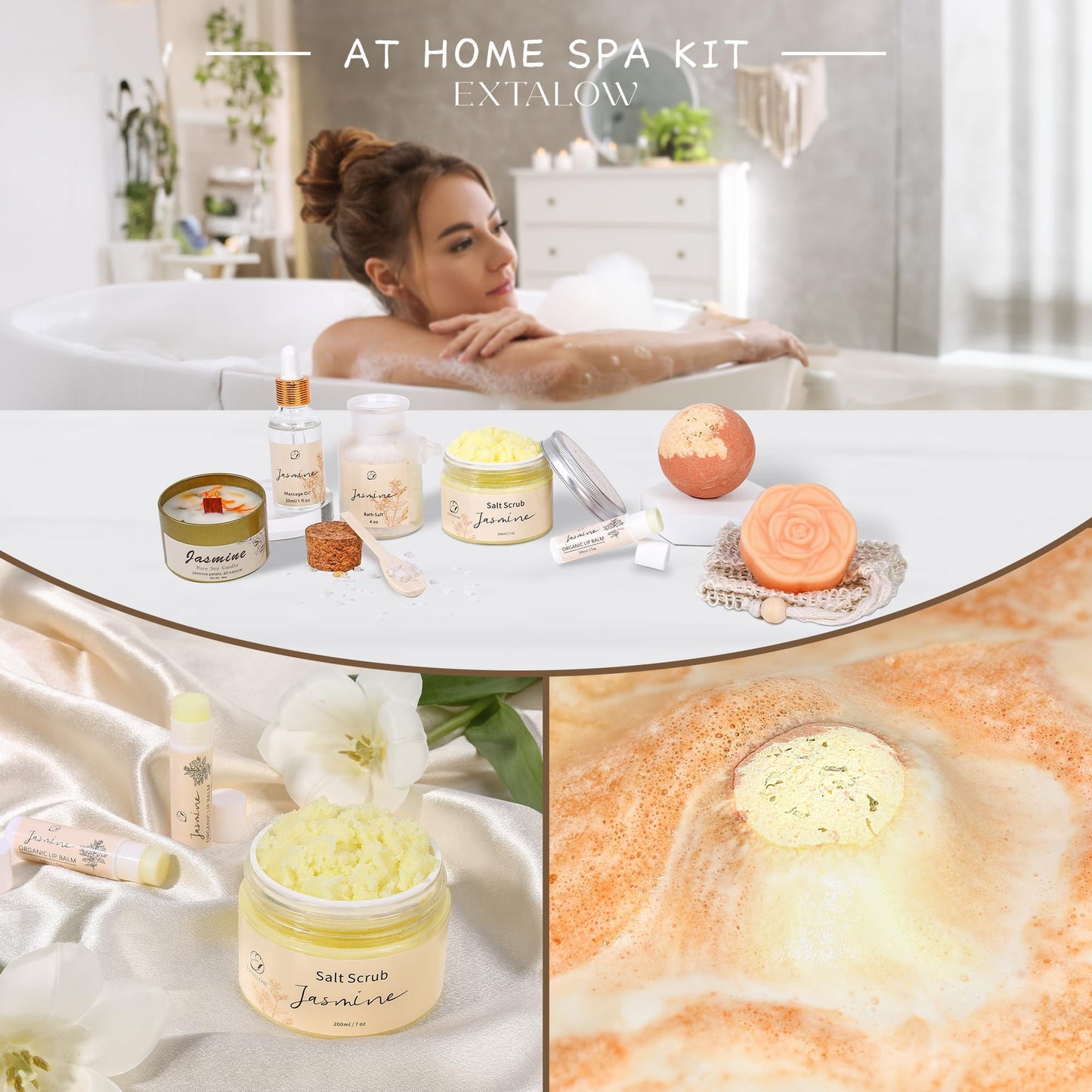 EXTALOW Spa Gifts for Women Mothers Day Gifts Jasmine Bath Gift Baskets Relaxing Self Care Gift for Mom Girlfriend Sister Wife Auntie Home Bath Care Package Thank You Gift Birthday Gift Friendship