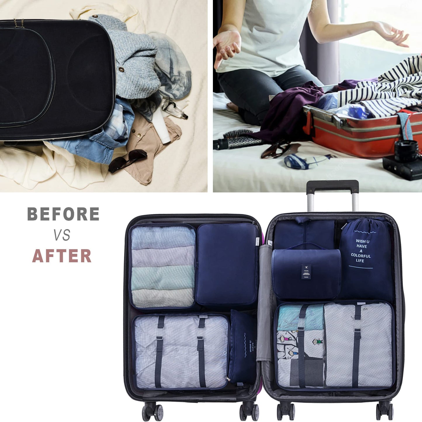 Ebbniur Packing Cubes, 8 Pcs Travel Packing Organizers for Suitcases, Large Capacity Travel Luggage Organizers Set includes 8 Storage Bags, Travel Essentials for Women or Men (Navy Blue)