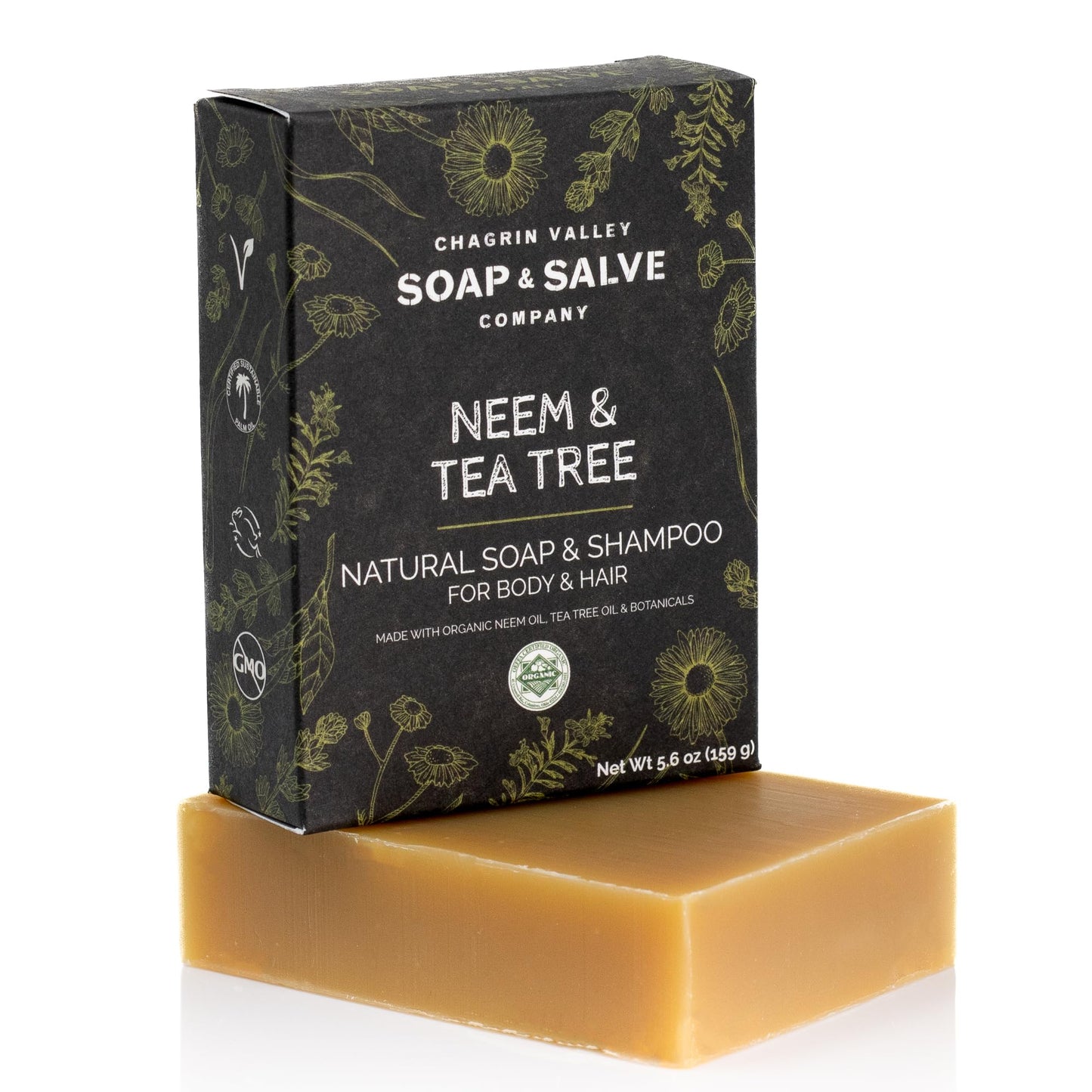 Chagrin Valley Soap & Salve Neem & Tea Tree Organic Soap & Shampoo Bar – Soothe Dry, Itchy, Irritated Skin - Sulfate Free For Body & Hair Vegan Shampoo Natural, Large 5.6 oz Bar