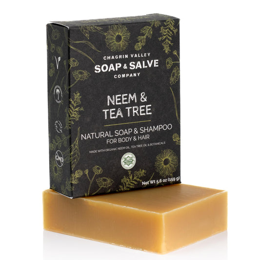 Chagrin Valley Soap & Salve Neem & Tea Tree Organic Soap & Shampoo Bar – Soothe Dry, Itchy, Irritated Skin - Sulfate Free For Body & Hair Vegan Shampoo Natural, Large 5.6 oz Bar