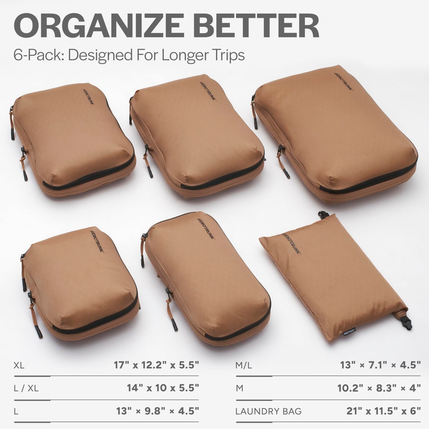 Aerotrunk Ultralight Compression Packing Cubes - Lightweight Travel Organizers for Suitcases and Luggage (6-Pack, Mocha)