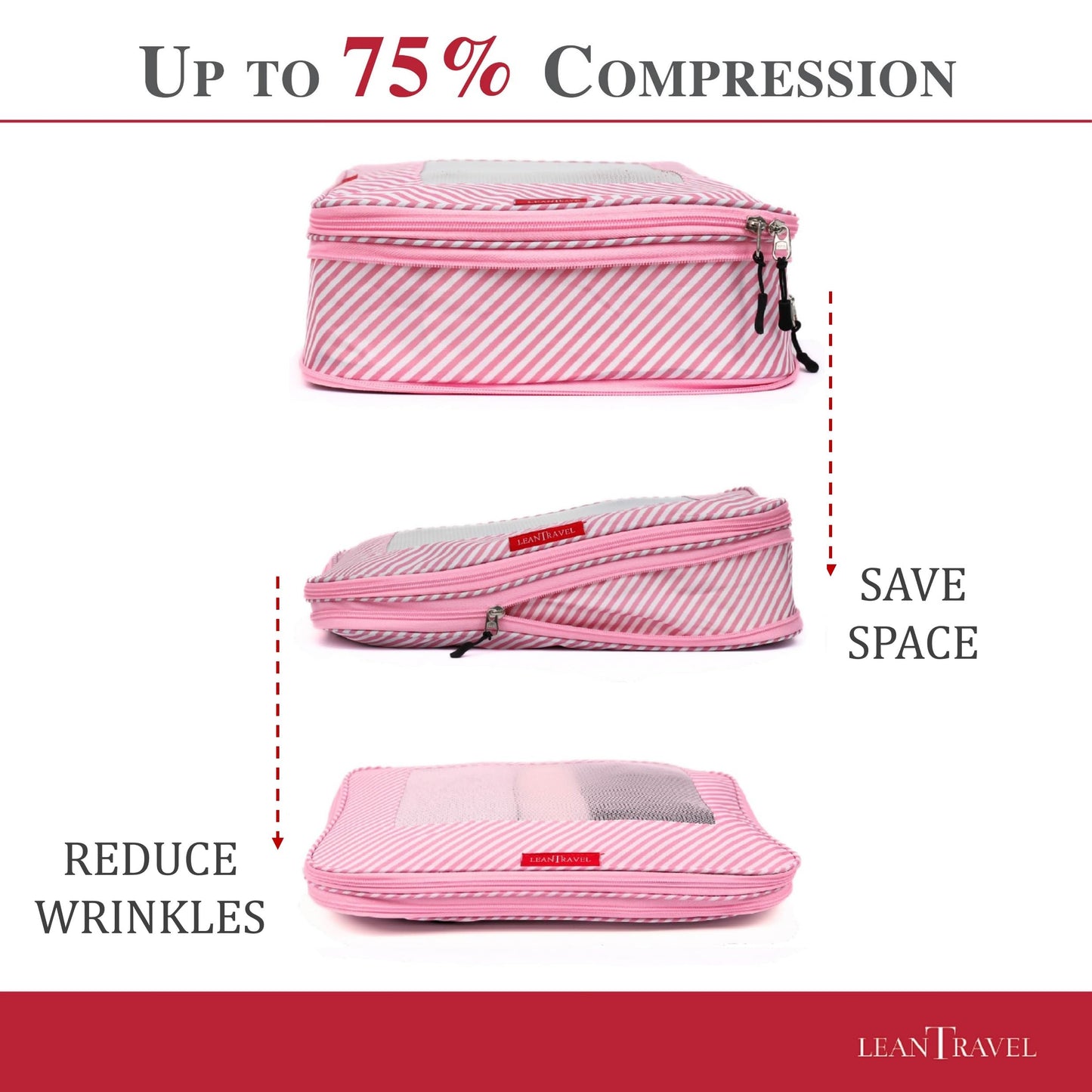 LeanTravel Compression Packing Cubes for Travel Organizers with Double Zipper (6-Pack (2L+2M+2S), Pink Stripes)