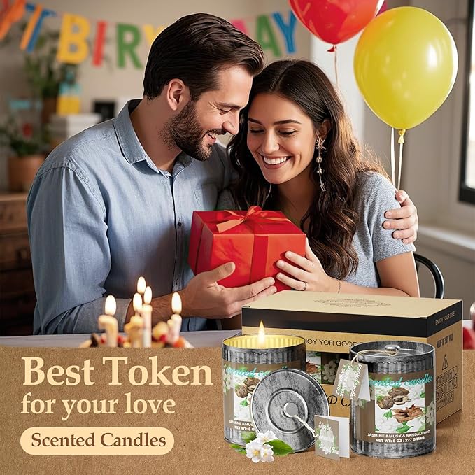 Jasmine&Musk&Sandalwood Scented Candle Set | 2Pack 16oz 80H Burn Time,8% Essential Oils | Smoke-Free Pure Soy Wax | Aromatherapy for Relaxing,Yoga Meditation Spa,Gift Set for Men/Women/Father's Day