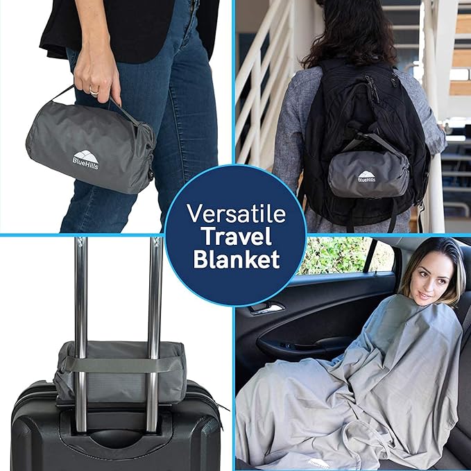 BlueHills Ultra Compact Travel Blanket 2 Pack Large Soft Cozy Portable Blanket Sheet with Carry Case and for Flight Airplane Car Layover Camping Hotel Grey C202-2PK-Gray