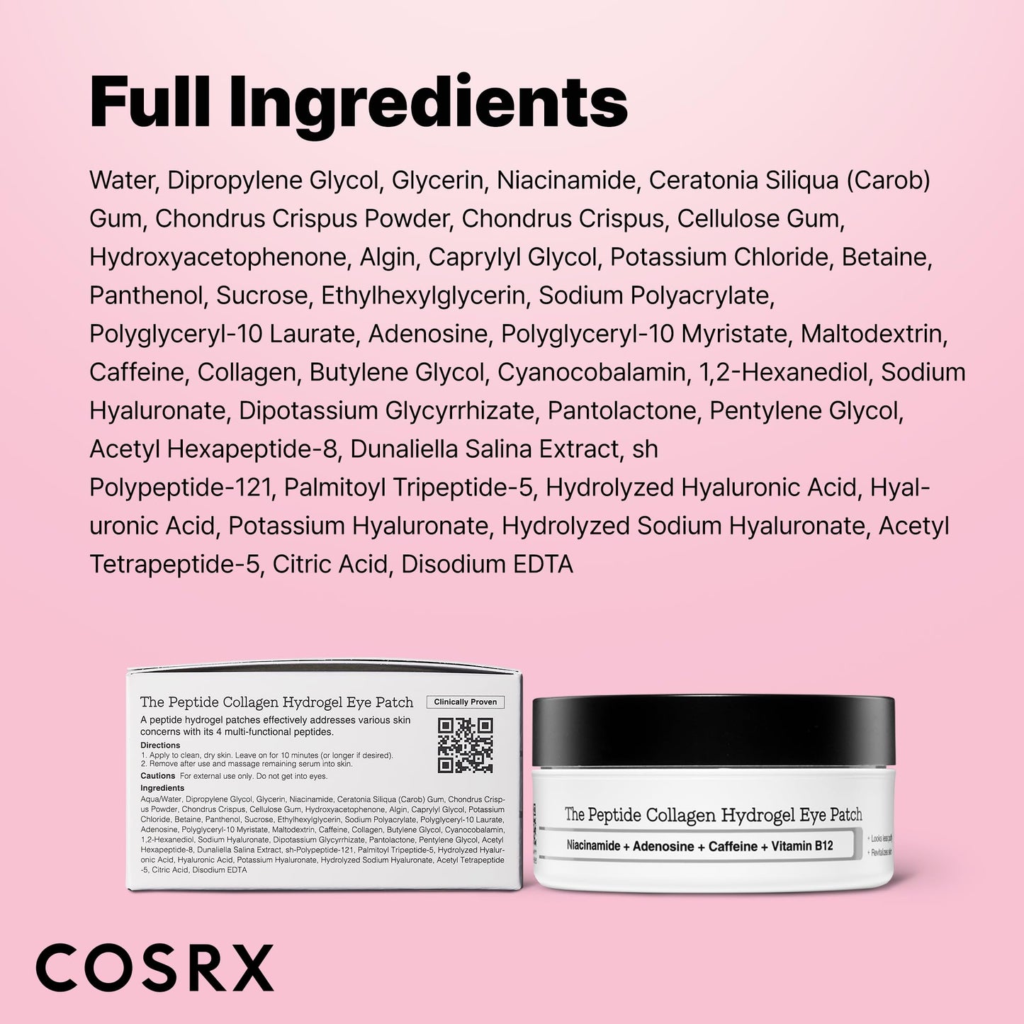 COSRX Pink Peptides Collagen Hydrogel Eye Patch for Puffy Eyes and Dark Circles, Under Eye Mask, 60 Under Eye Patches, Korean Skin Care
