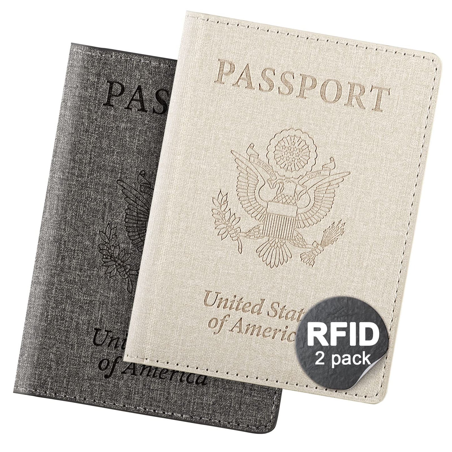 2 Pack Unisex Adult Faux Leather Passport Holder,Honeymoon Gifts,Travel Essentials-Rfid Blocking,White&Gray